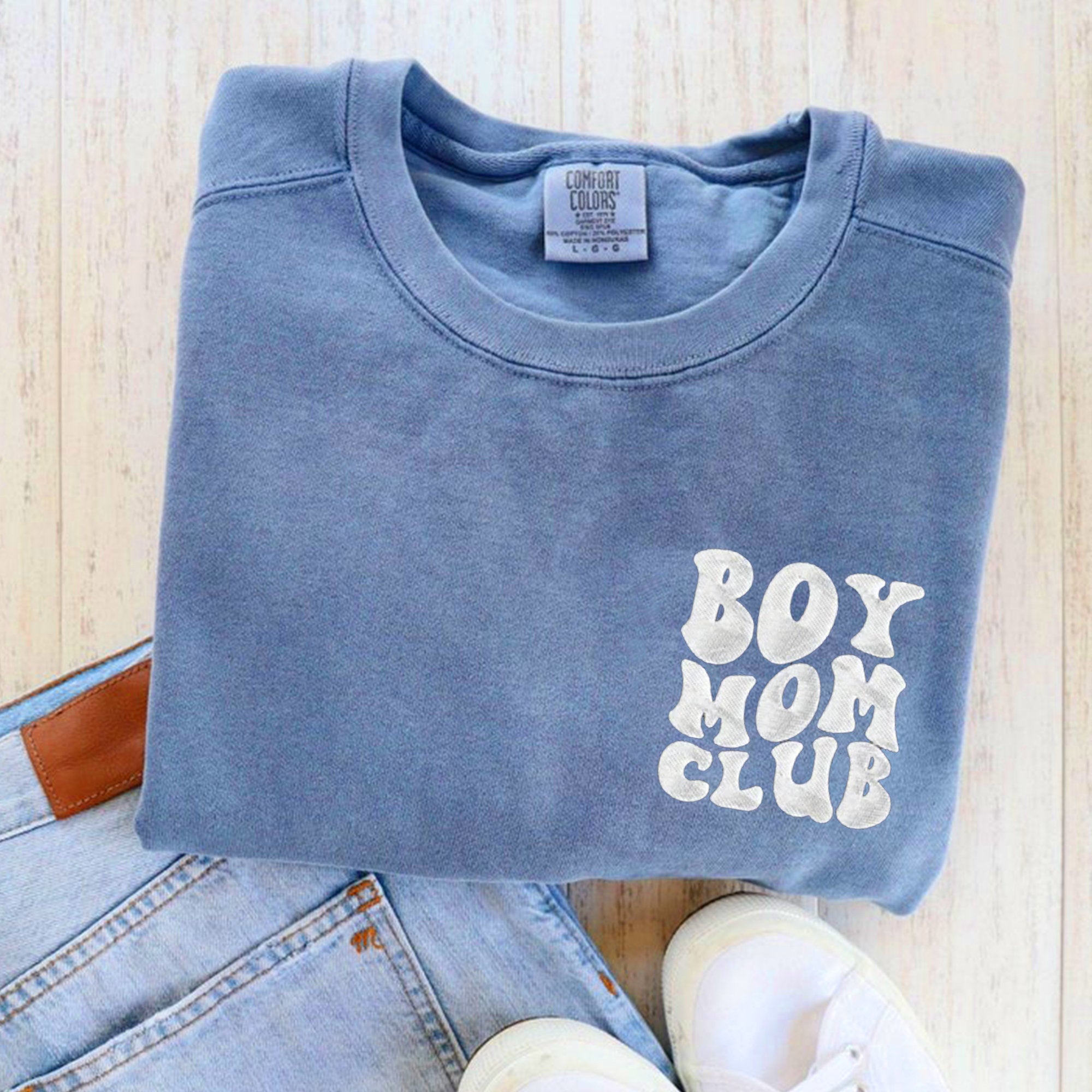 Boy Mom Club Embroidery Sweatshirt with Kids Name on Sleeve, Baby Shower Gift for Mom