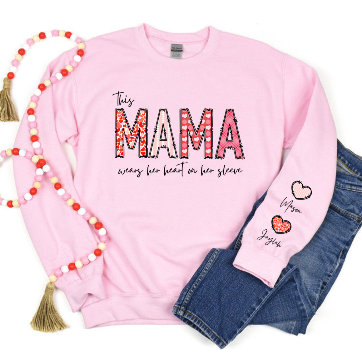 Personalized This MAMA Wears Her Heart on Her Sleeve Sweatshirt with Kid Names-Mother's Day Sale!Free Shipping! (Customized free)