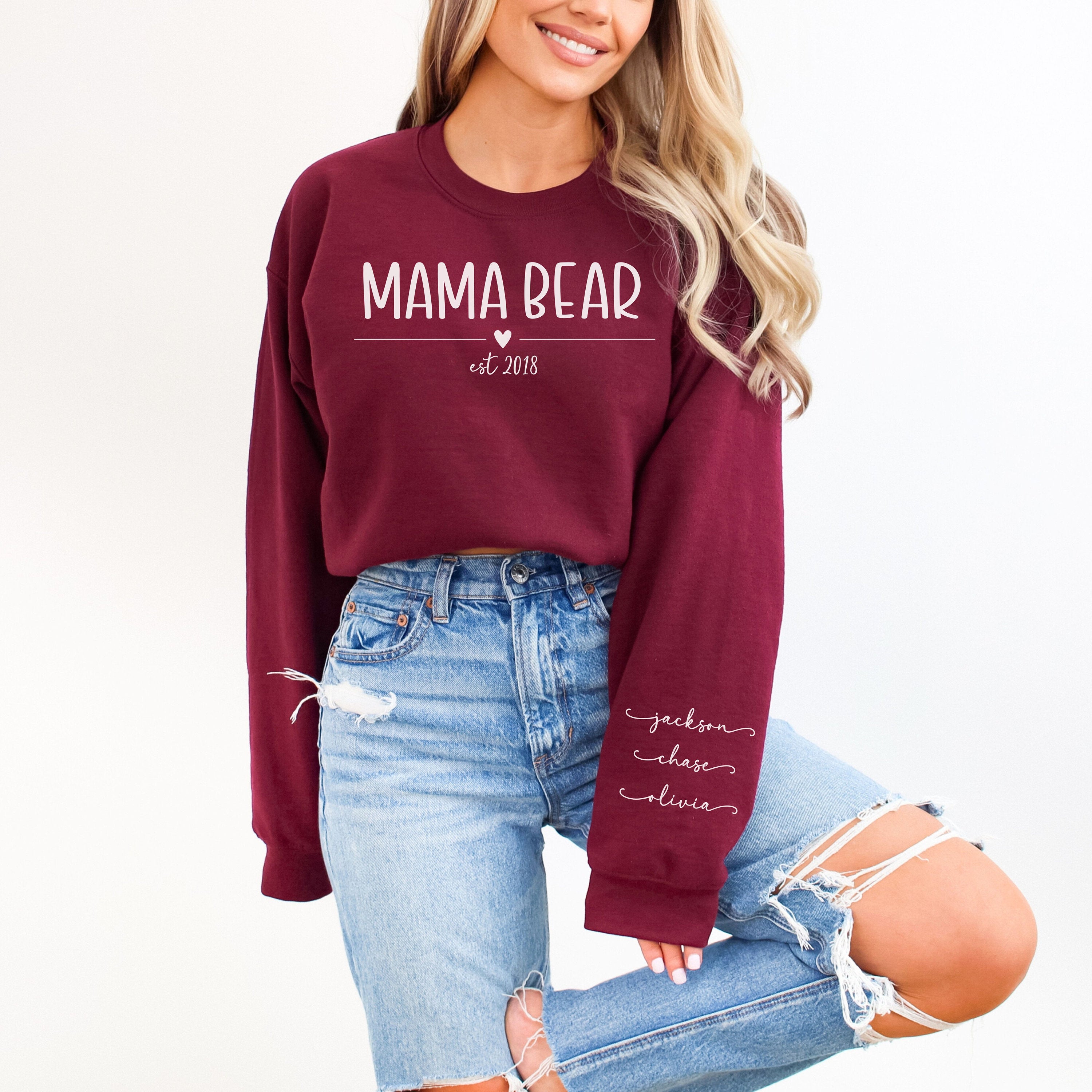 Mama Bear Sweatshirt with kids names on the sleeve, Custom gift for mom, Mom gift, Gift for New Mom, Mama Bear, Personalized Mama Sweatshirt