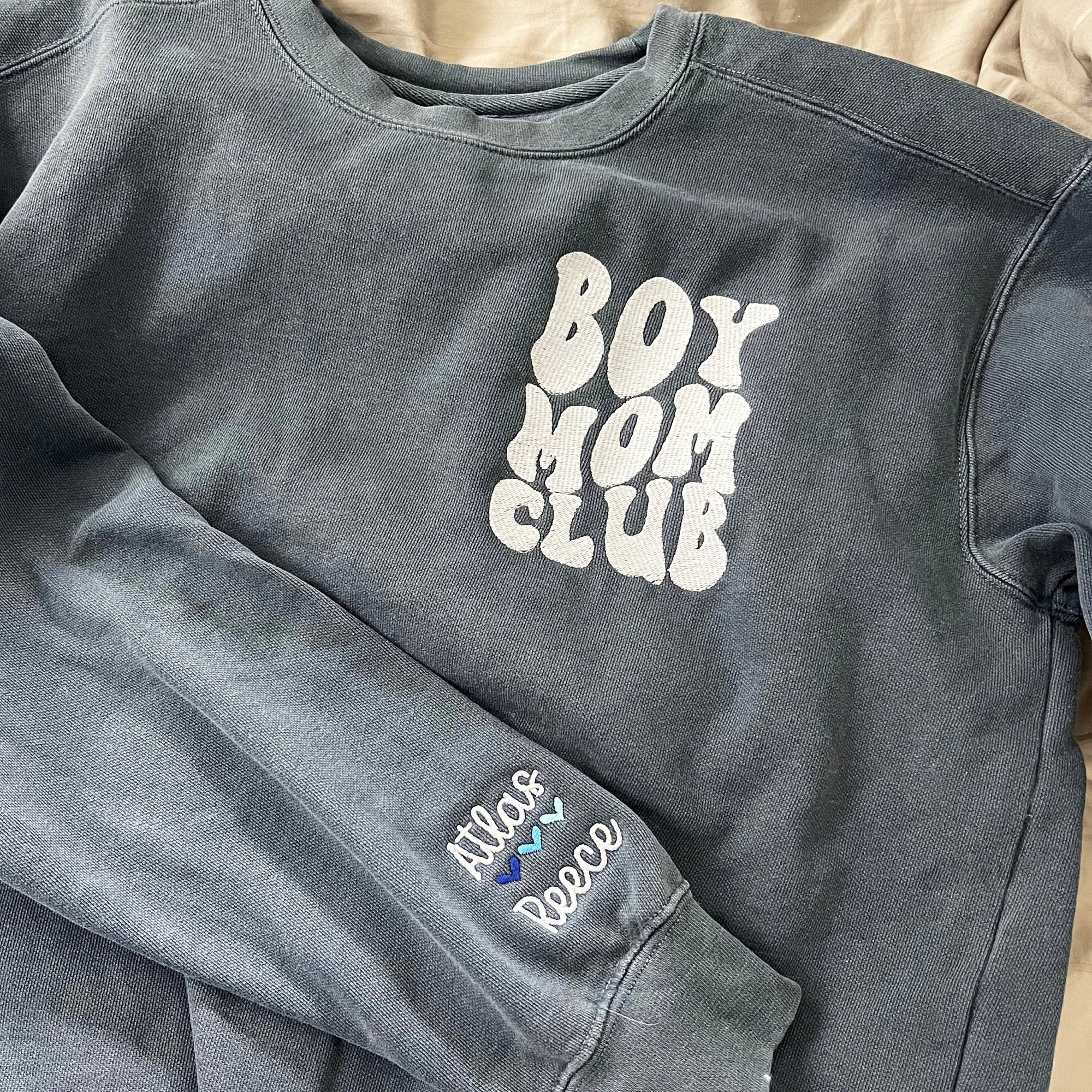 Boy Mom Club Embroidery Sweatshirt with Kids Name on Sleeve, Baby Shower Gift for Mom