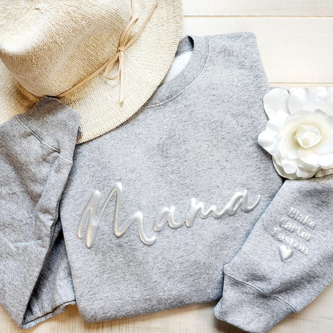 Custom Mama Script Keepsake Sweatshirt with Puff Lettering,Personalized Kid Names on Sleeve, New Mom Gift