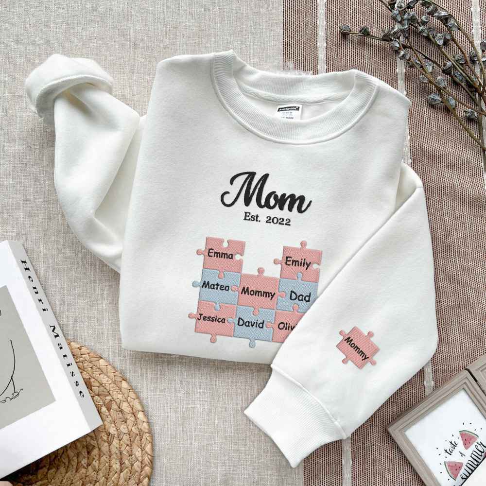 Personalized Mom Puzzle Sweatshirt With Kids Names,Crewneck Mom Puzzle