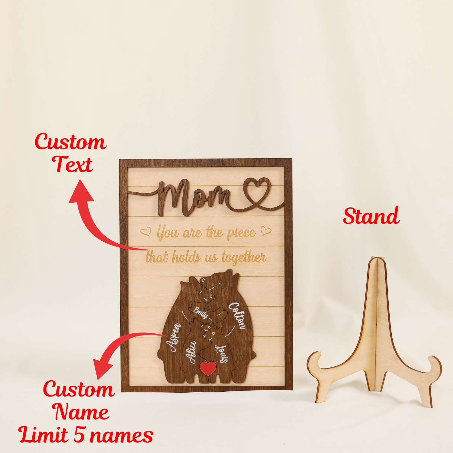 Customized Mom Puzzle Sign, Bear Family Wood Puzzle Name Puzzle, Mother's Day Gift