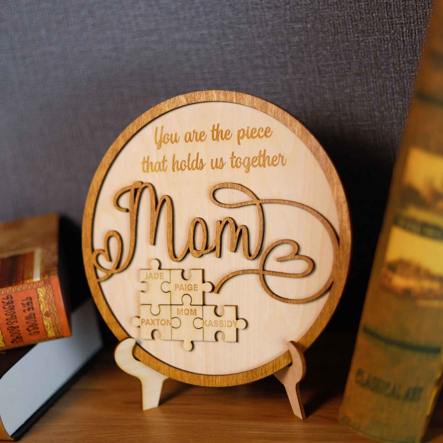 Personalized Mom Puzzle Piece Round Sign,Engraved Mom Wood Sign for Mom Grandma (Customized free)