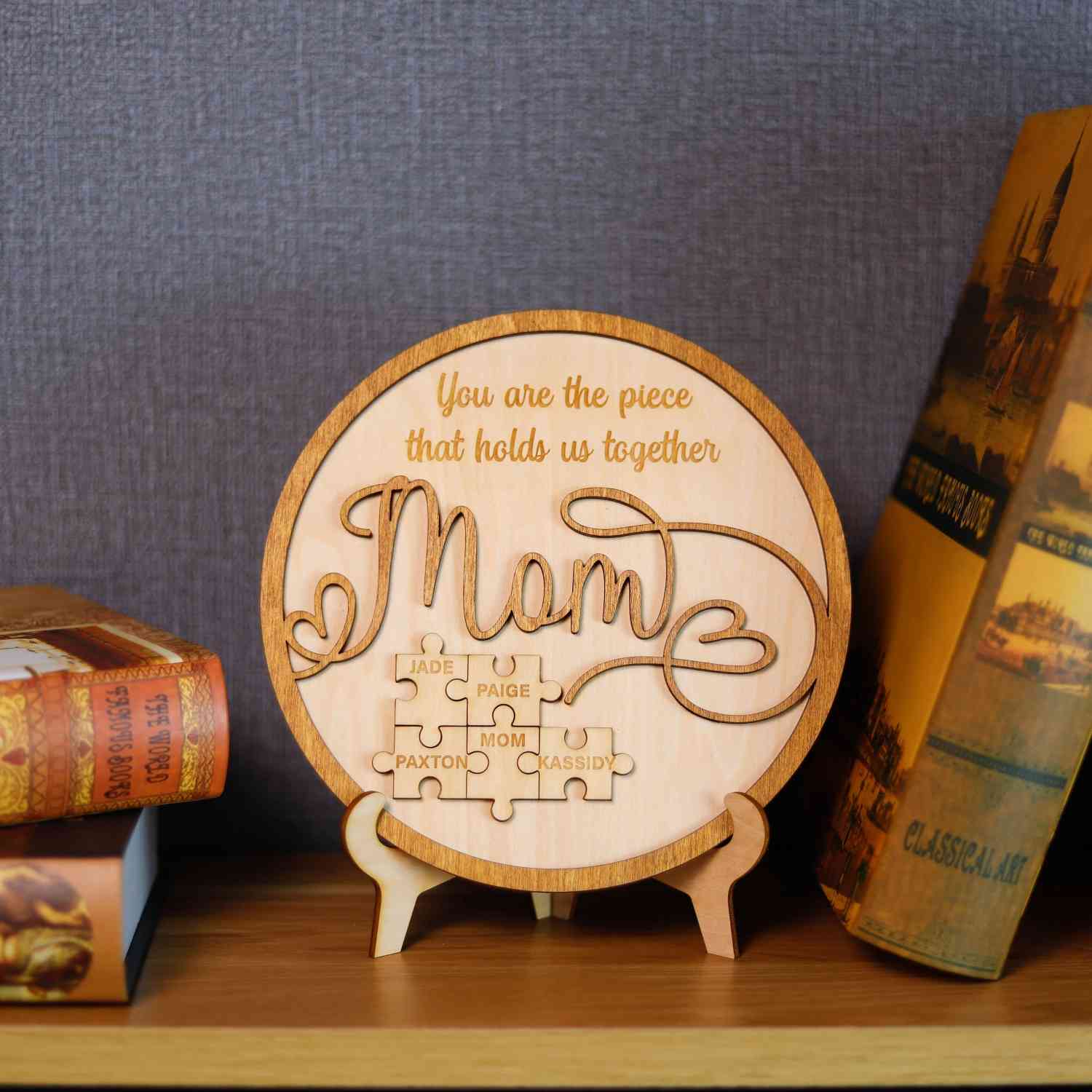 Personalized Mom Puzzle Piece Round Sign,Engraved Mom Wood Sign for Mom Grandma