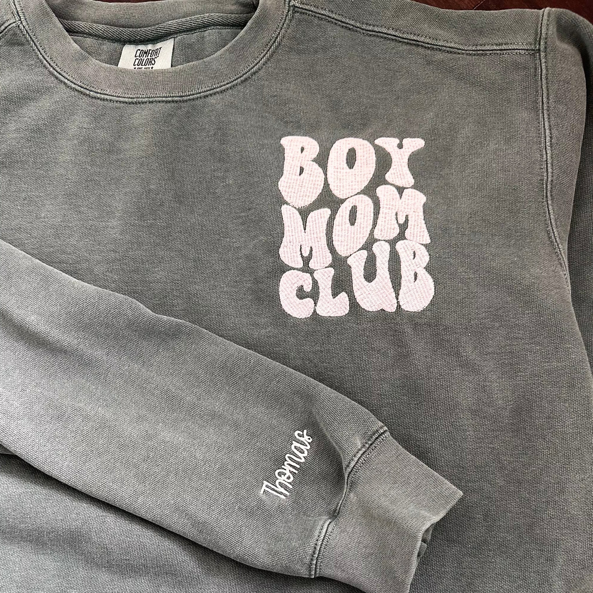 Boy Mom Club Embroidery Sweatshirt with Kids Name on Sleeve, Baby Shower Gift for Mom