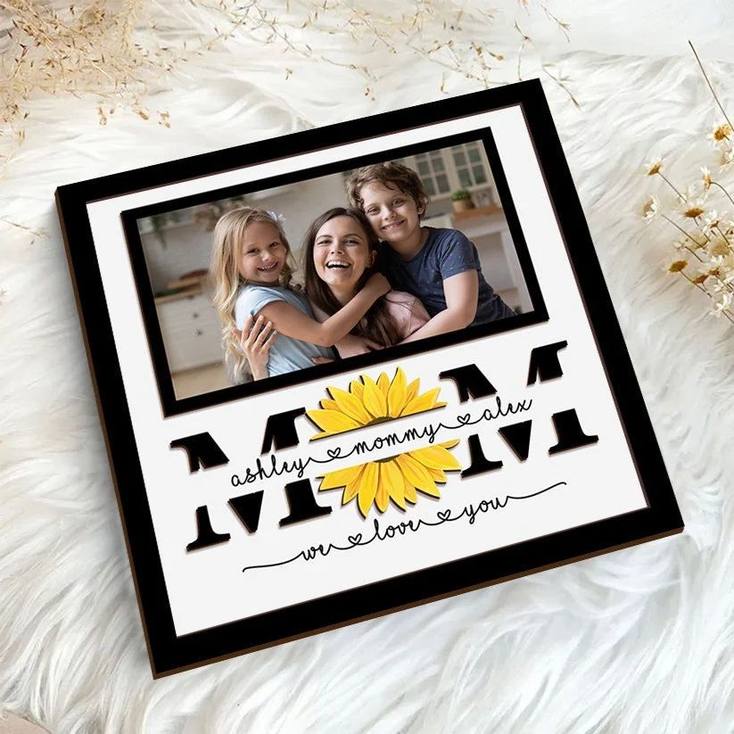 Personalized Family Photo Wooden Sign, Mom Flower Sign, Custom Kid Names Sign (Customized free)
