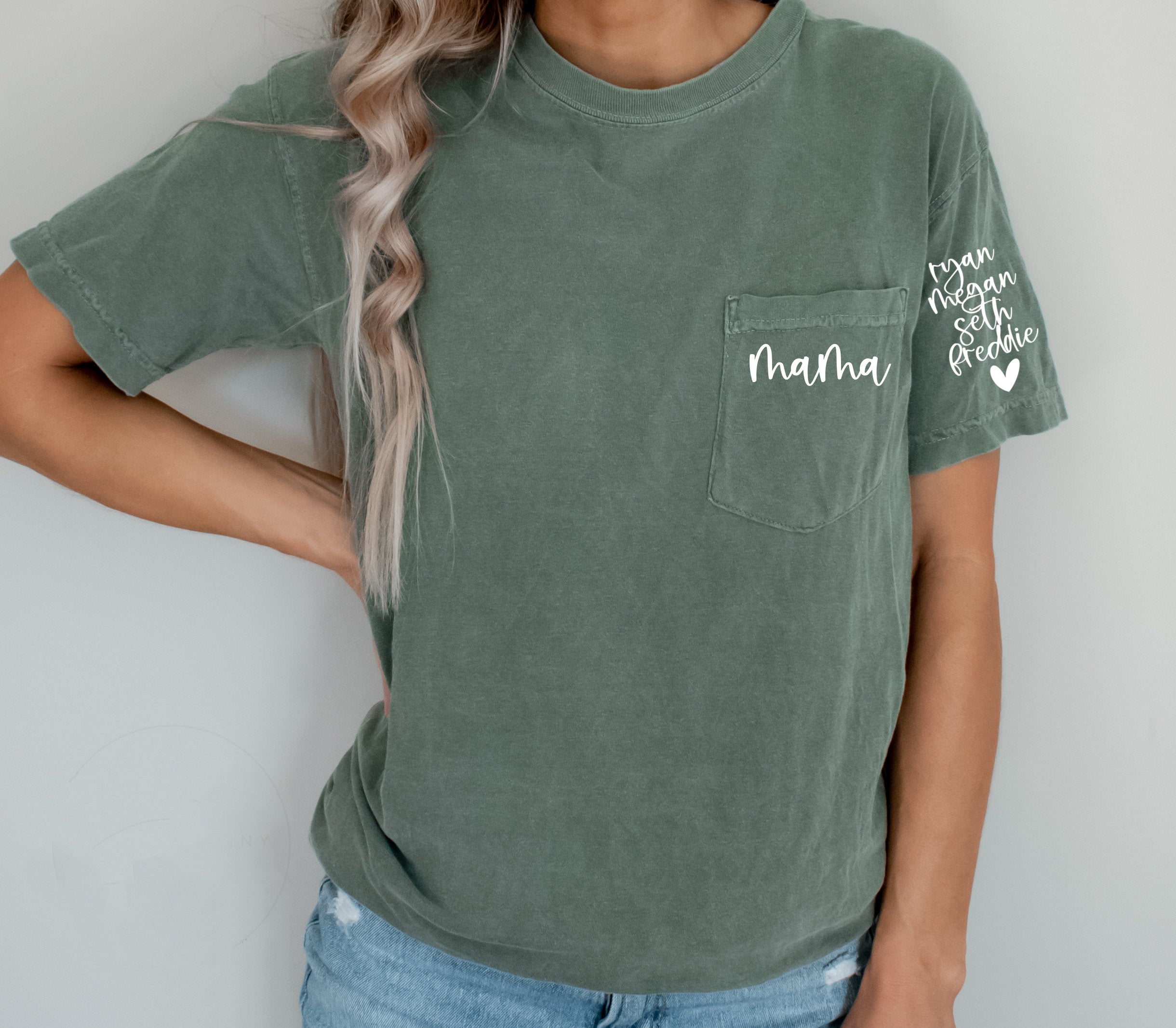 Custom Mama Shirt with Children Name on Sleeve, Comfort Colors, Mama Shirt,Mother's Day Shirt (Customized free)