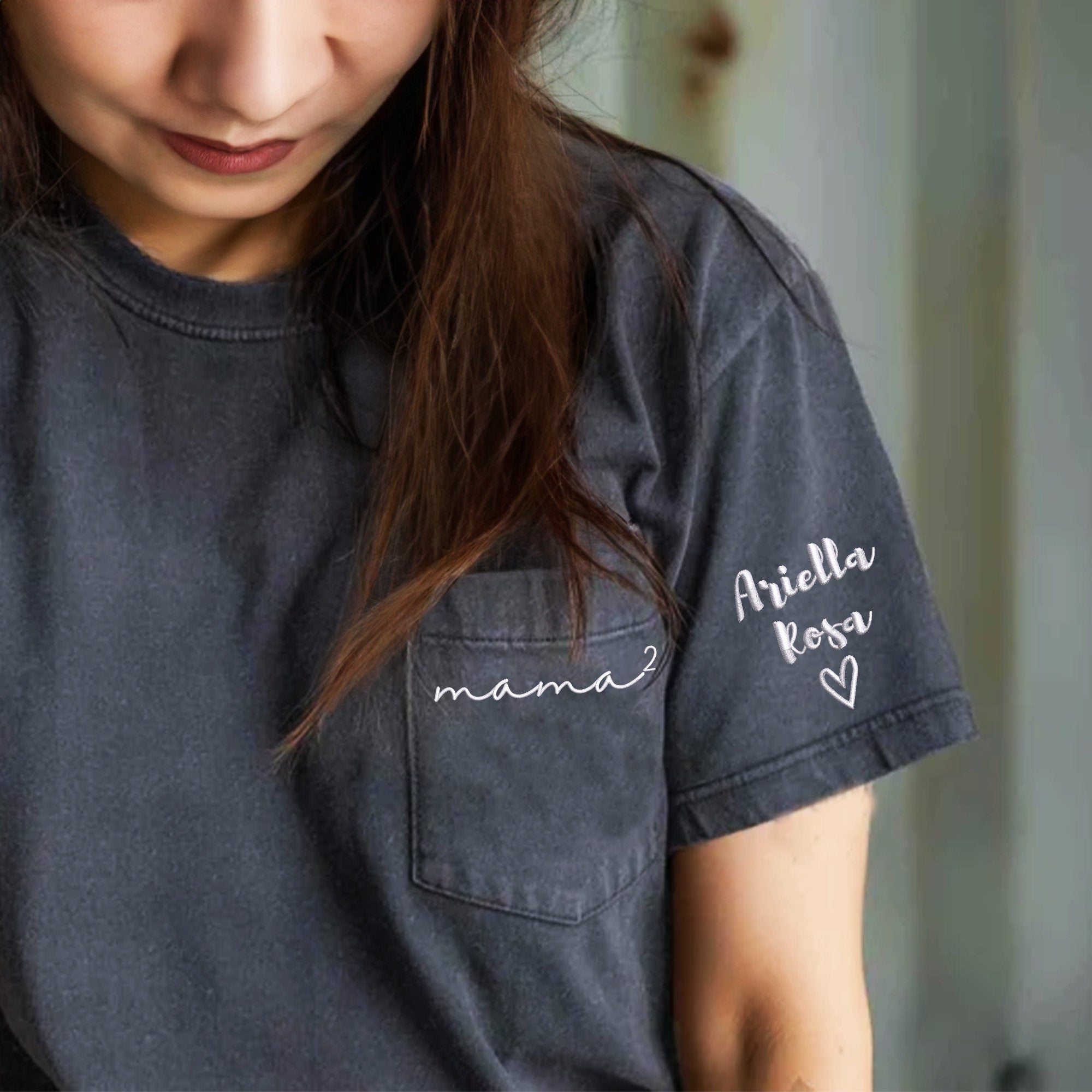 Custom Embroidery Mama Quadratic Shirt with Children Name on Sleeve, Mama Shirt, Mother Father Gifts