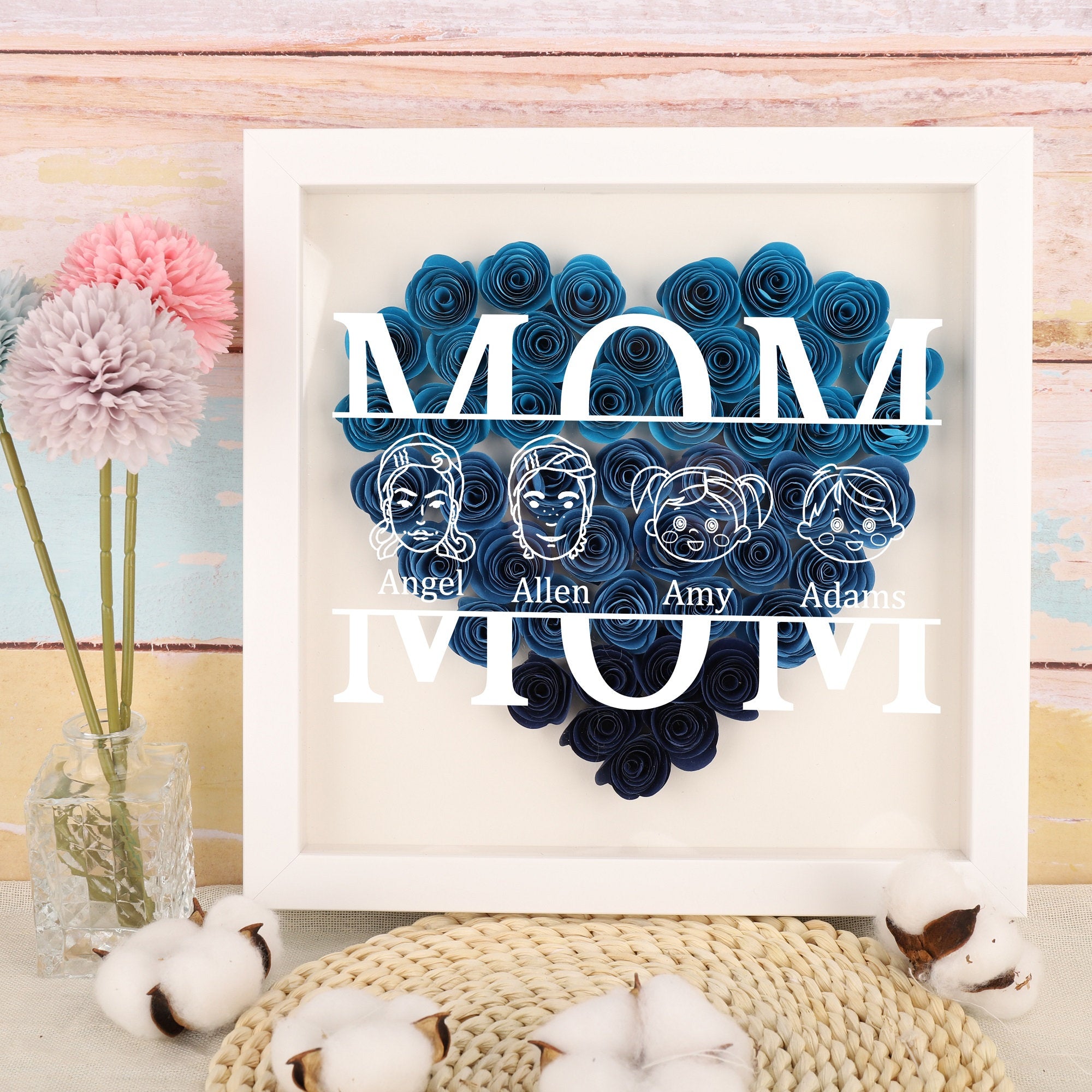 Mom Heart Shadowbox Frame Gift,Personalized Roses Shadow Box,Mother’s Day Gift (Customized free)