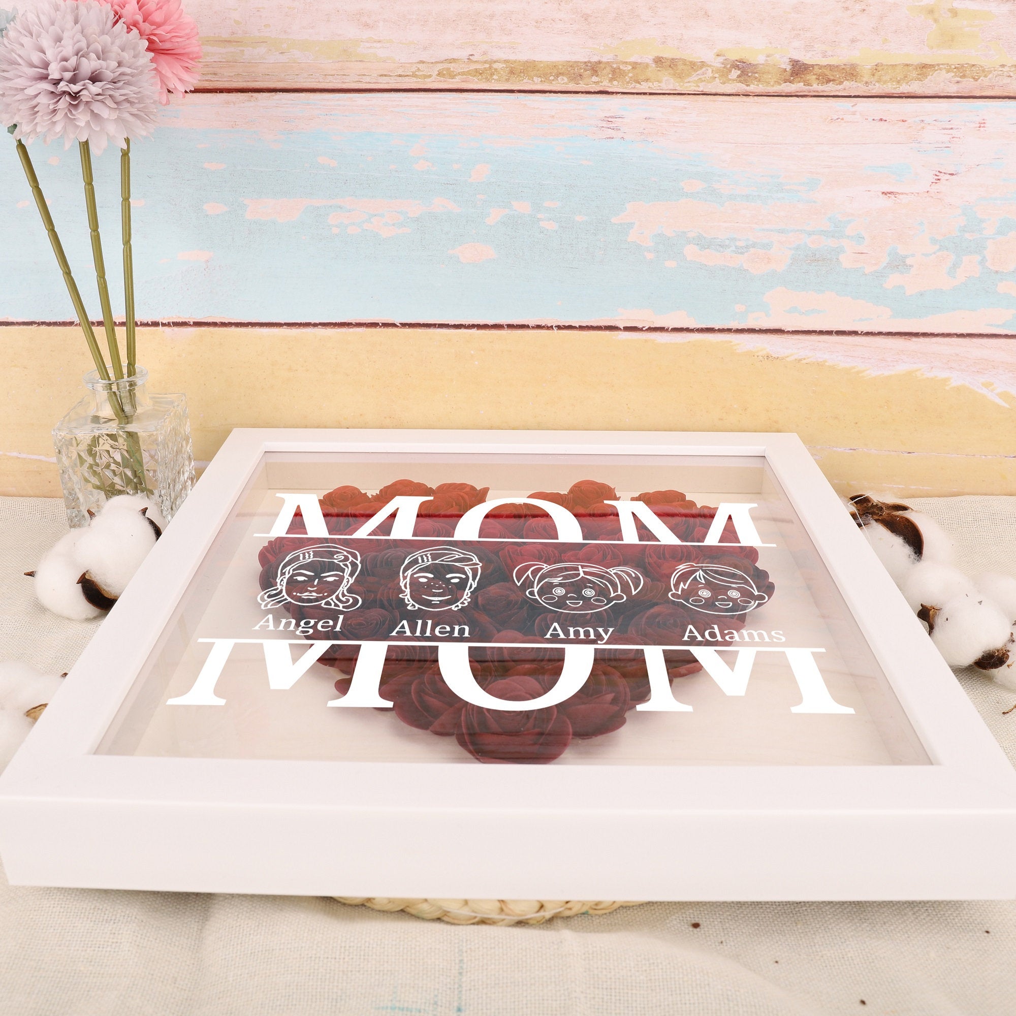 Mom Heart Shadowbox Frame Gift,Personalized Roses Shadow Box,Mother’s Day Gift (Customized free)