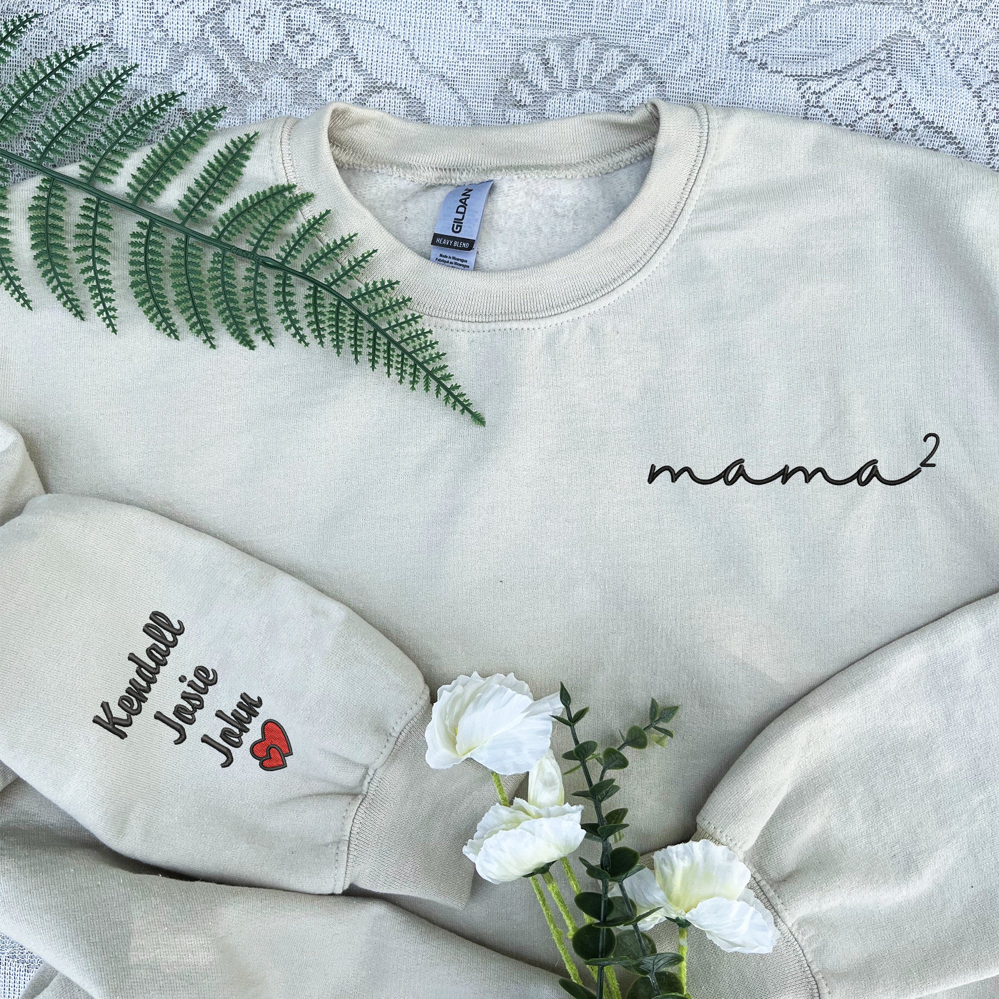 Custom Embroidery Mama Quadratic Shirt with Children Name on Sleeve, Mama Shirt, Mother Father Gifts