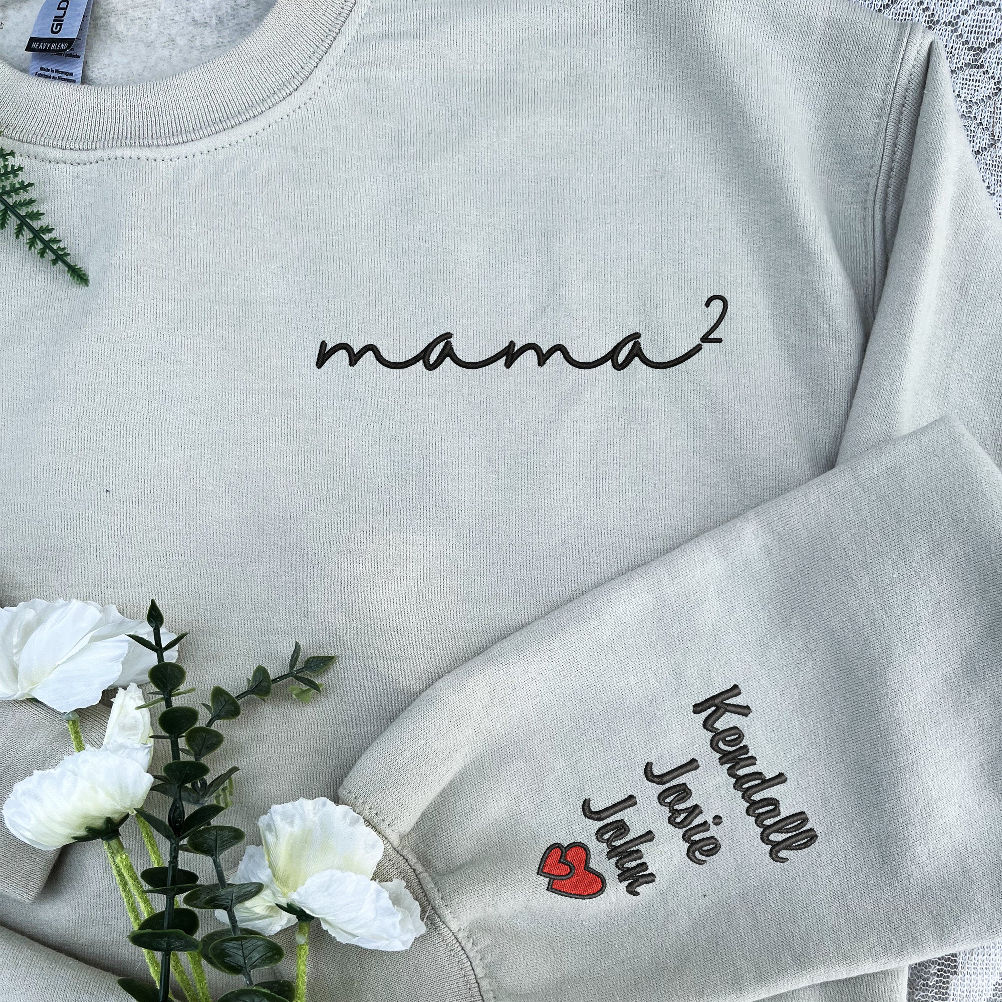 Custom Embroidery Mama Quadratic Shirt with Children Name on Sleeve, Mama Shirt, Mother Father Gifts