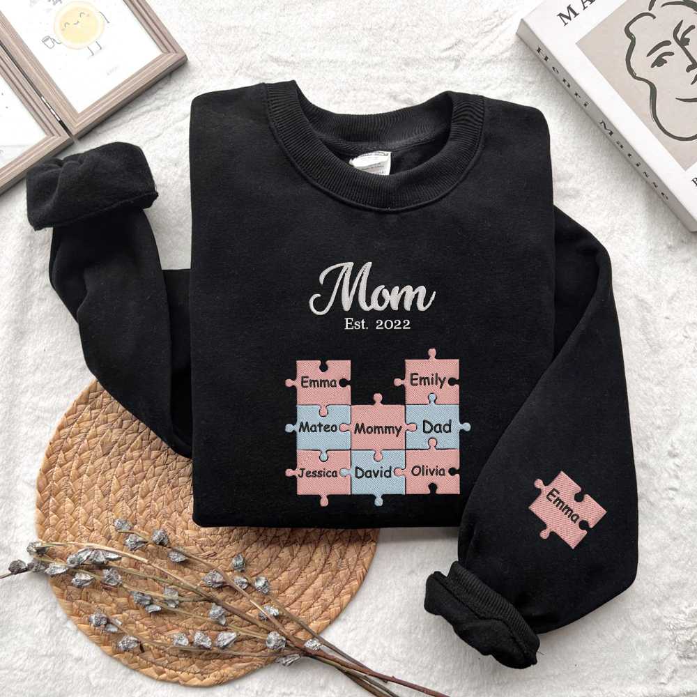 Personalized Mom Puzzle Sweatshirt With Kids Names,Crewneck Mom Puzzle