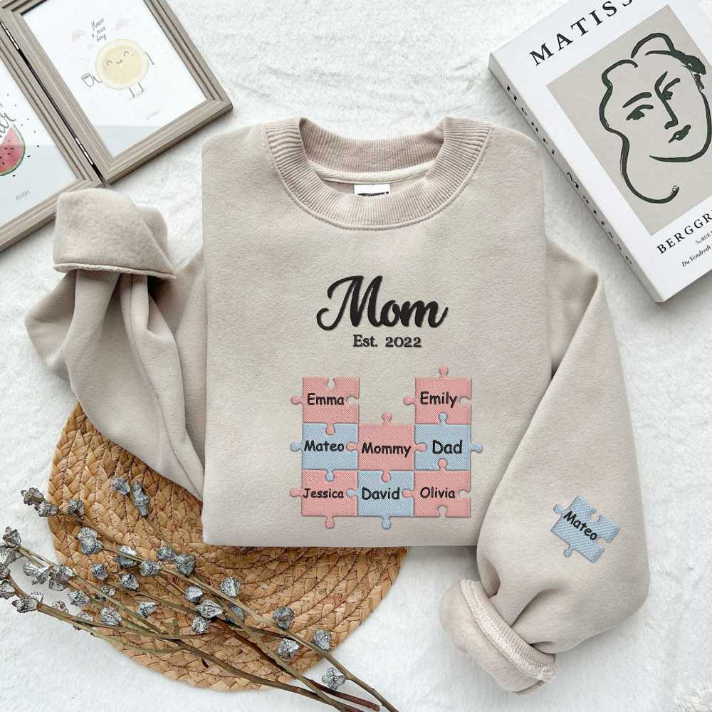 Personalized Mom Puzzle Sweatshirt With Kids Names,Crewneck Mom Puzzle