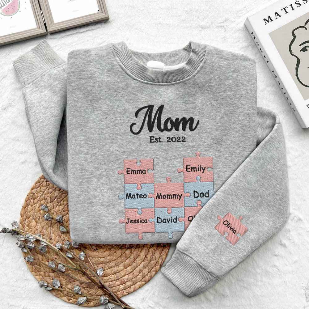 Personalized Mom Puzzle Sweatshirt With Kids Names,Crewneck Mom Puzzle