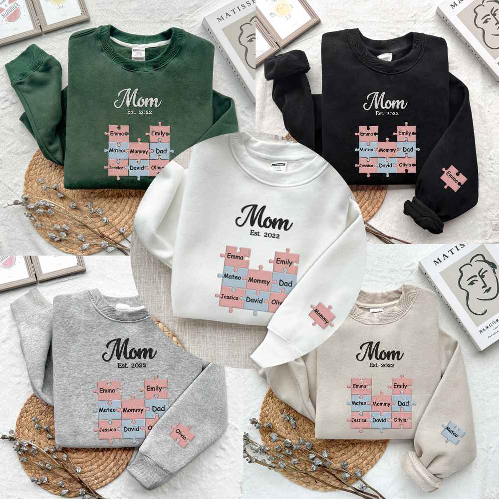 Personalized Mom Puzzle Sweatshirt With Kids Names,Crewneck Mom Puzzle