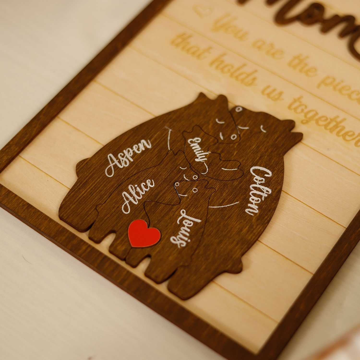 Customized Mom Puzzle Sign, Bear Family Wood Puzzle Name Puzzle, Mother's Day Gift (Customized free)