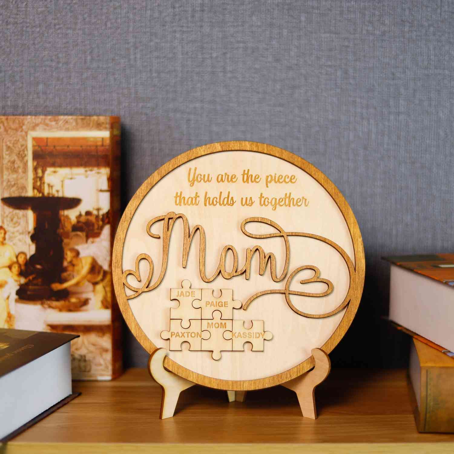 Personalized Mom Puzzle Piece Round Sign,Engraved Mom Wood Sign for Mom Grandma (Customized free)