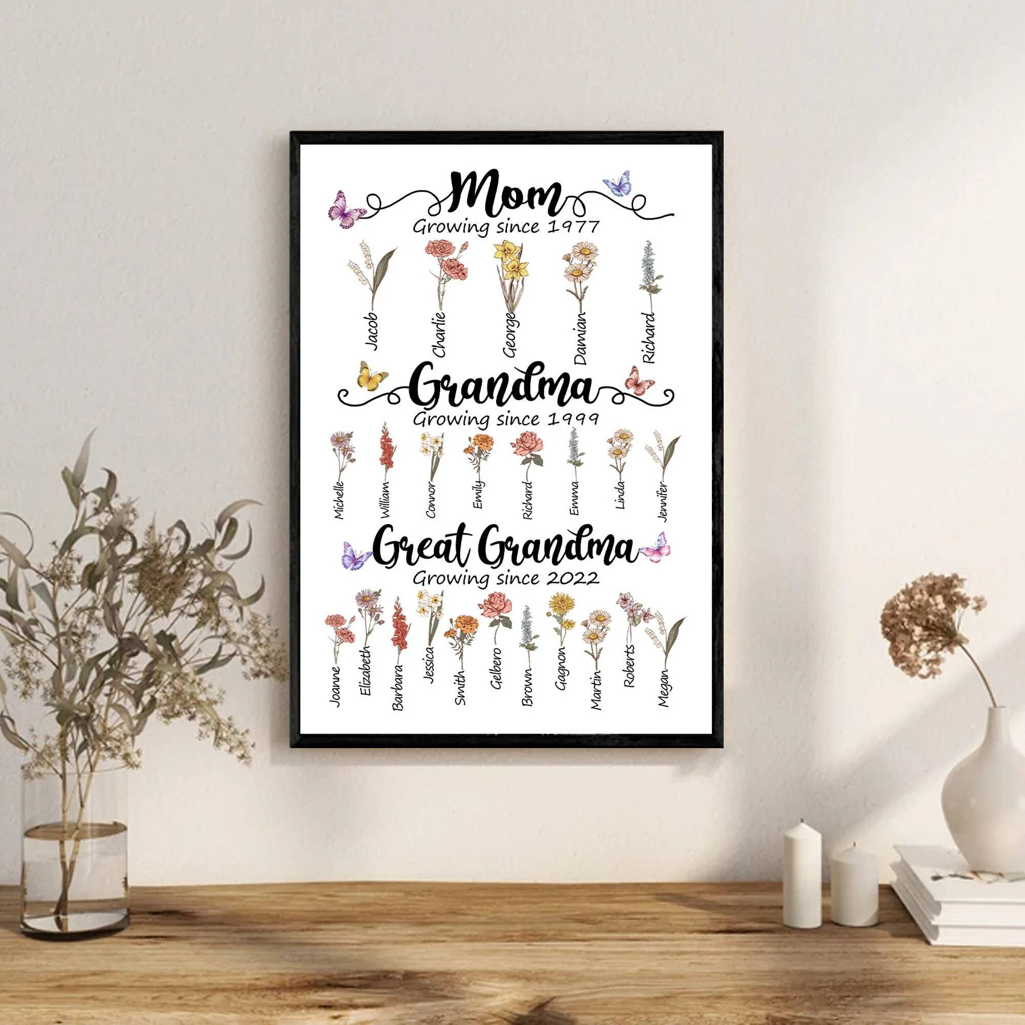 Mom Grandma And Great Grandma Custom Birth Month Flowers Poster,Gift For Mom Grandma