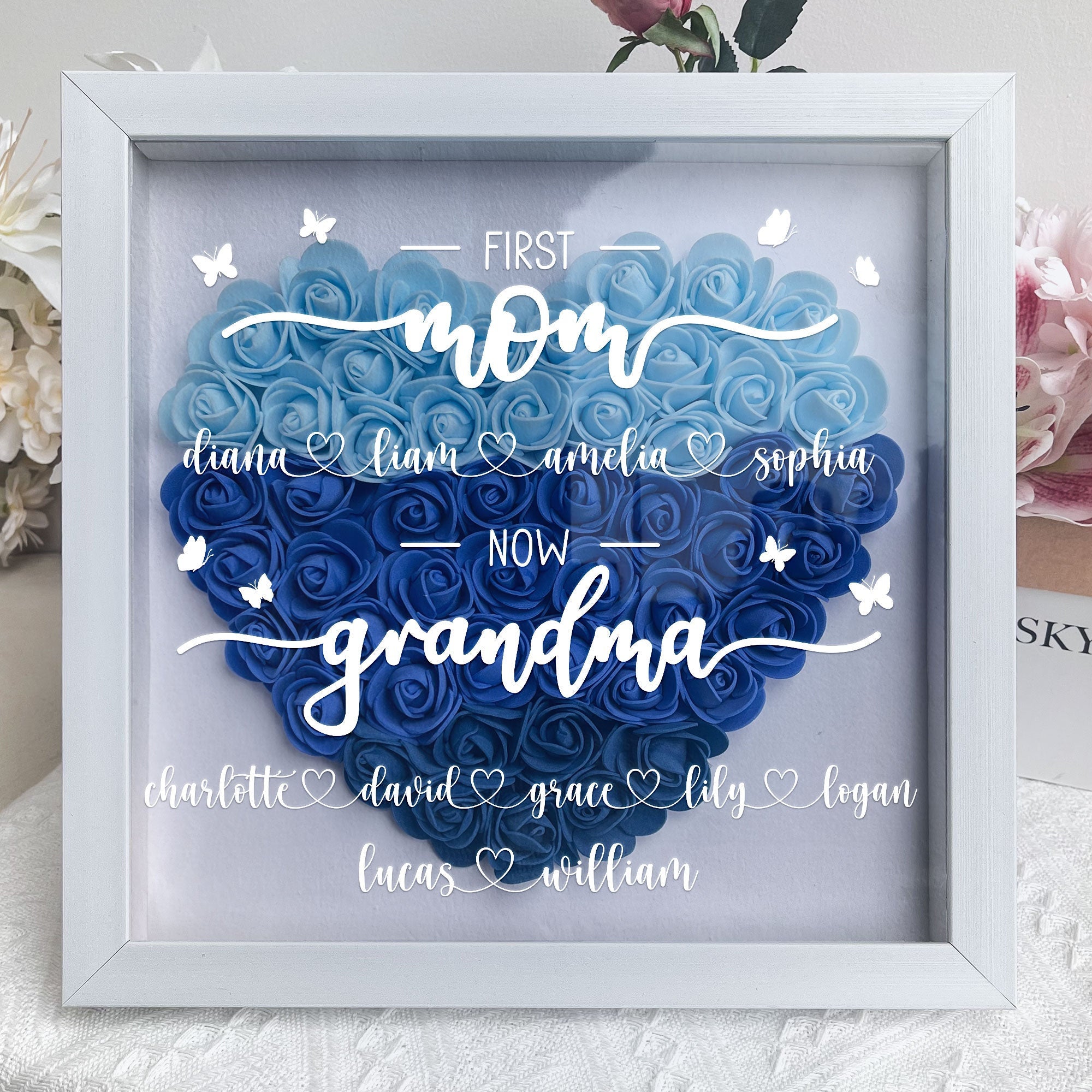 Personalized First Mom Now Grandma Flower Shadow Box, Shadowbox Heart Mom Frame Gift (Customized free)