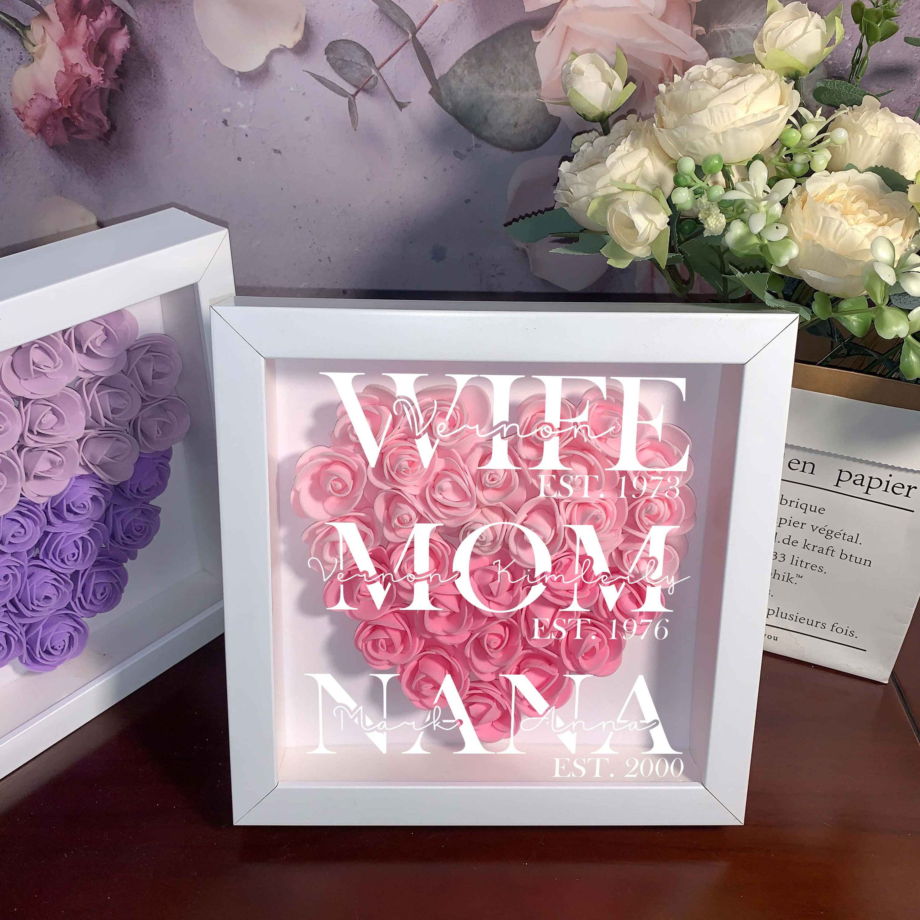 Wife Mom Grandma, Personalized Heart Flower Shadow Box, Rose Frame Box, Mother's Day Gift (Customized free)