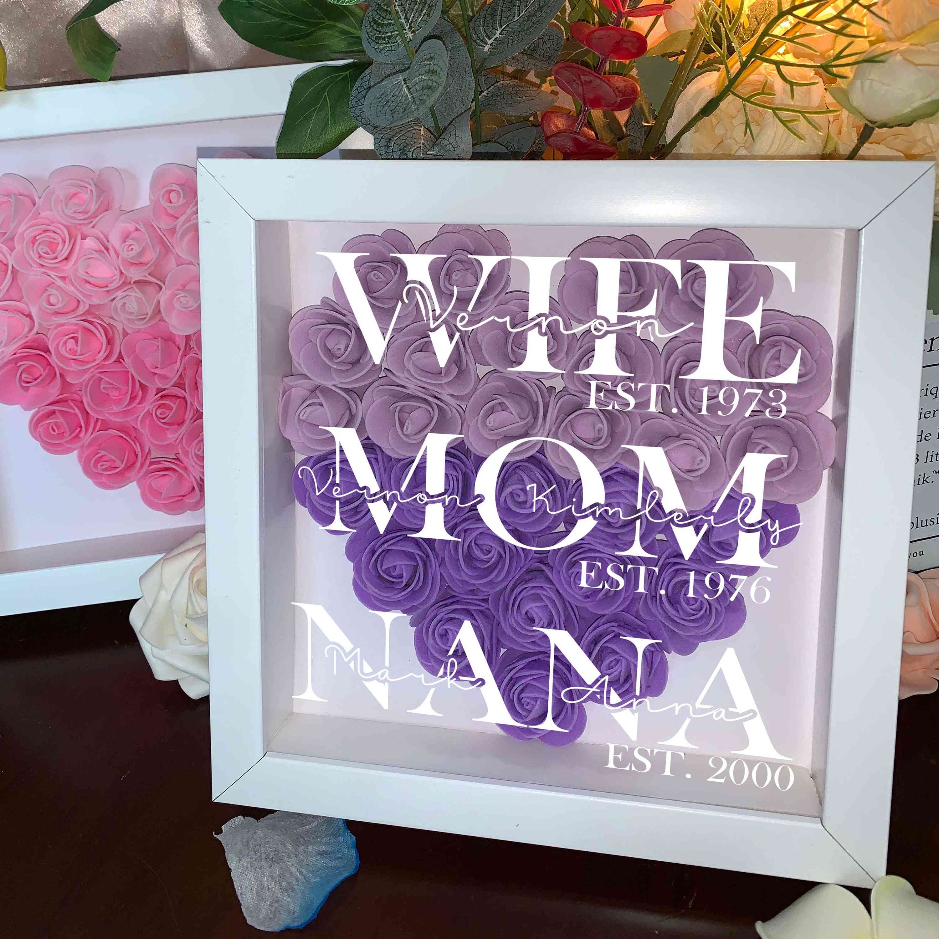 Wife Mom Grandma, Personalized Heart Flower Shadow Box, Rose Frame Box, Mother's Day Gift (Customized free)