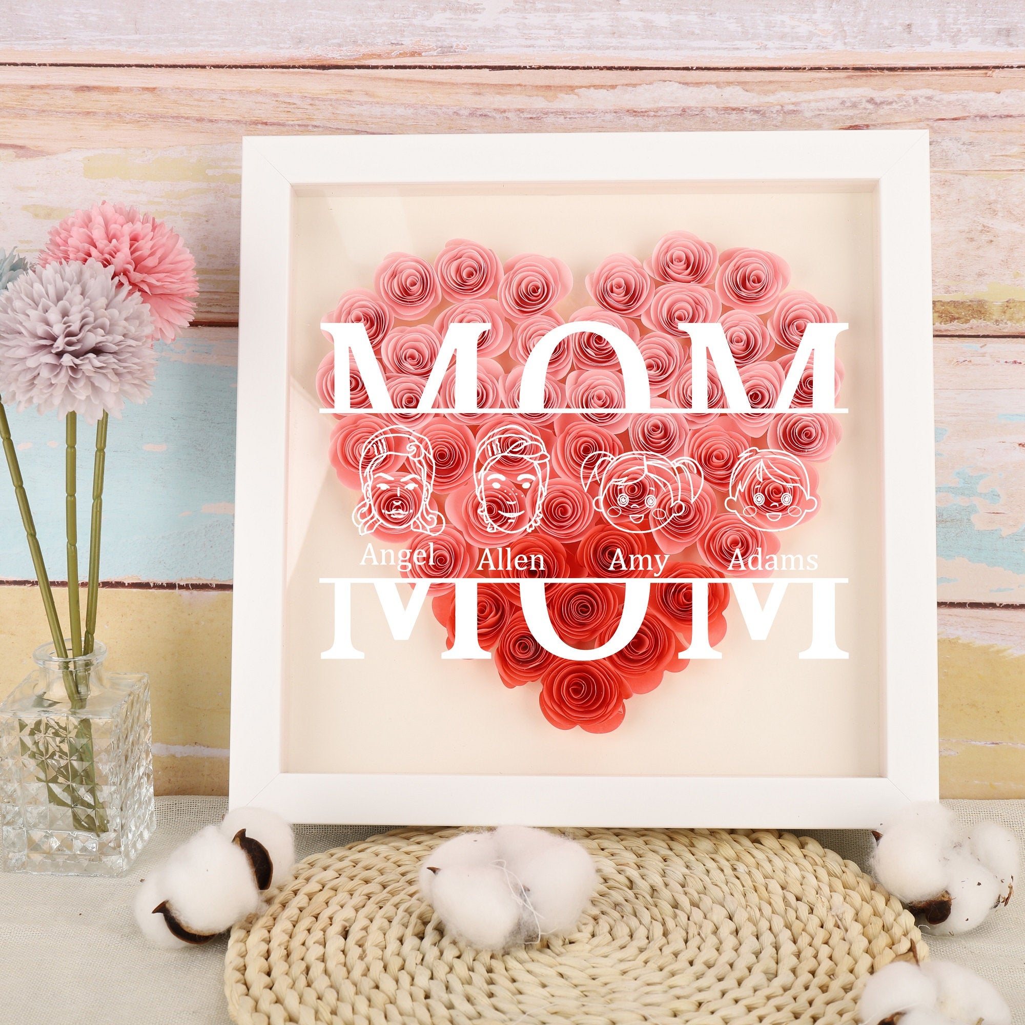 Mom Heart Shadowbox Frame Gift,Personalized Roses Shadow Box,Mother’s Day Gift (Customized free)