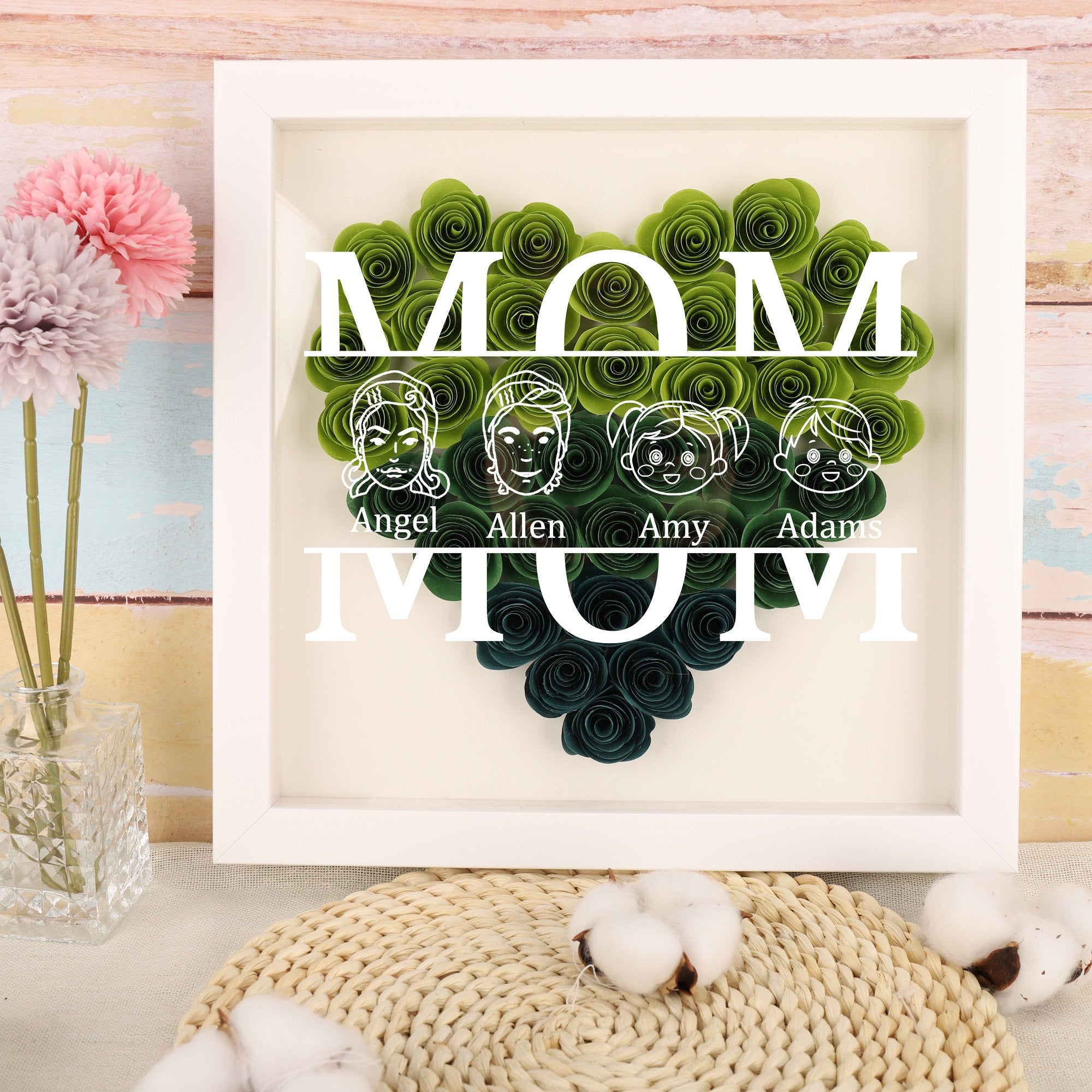 Mom Heart Shadowbox Frame Gift,Personalized Roses Shadow Box,Mother’s Day Gift (Customized free)