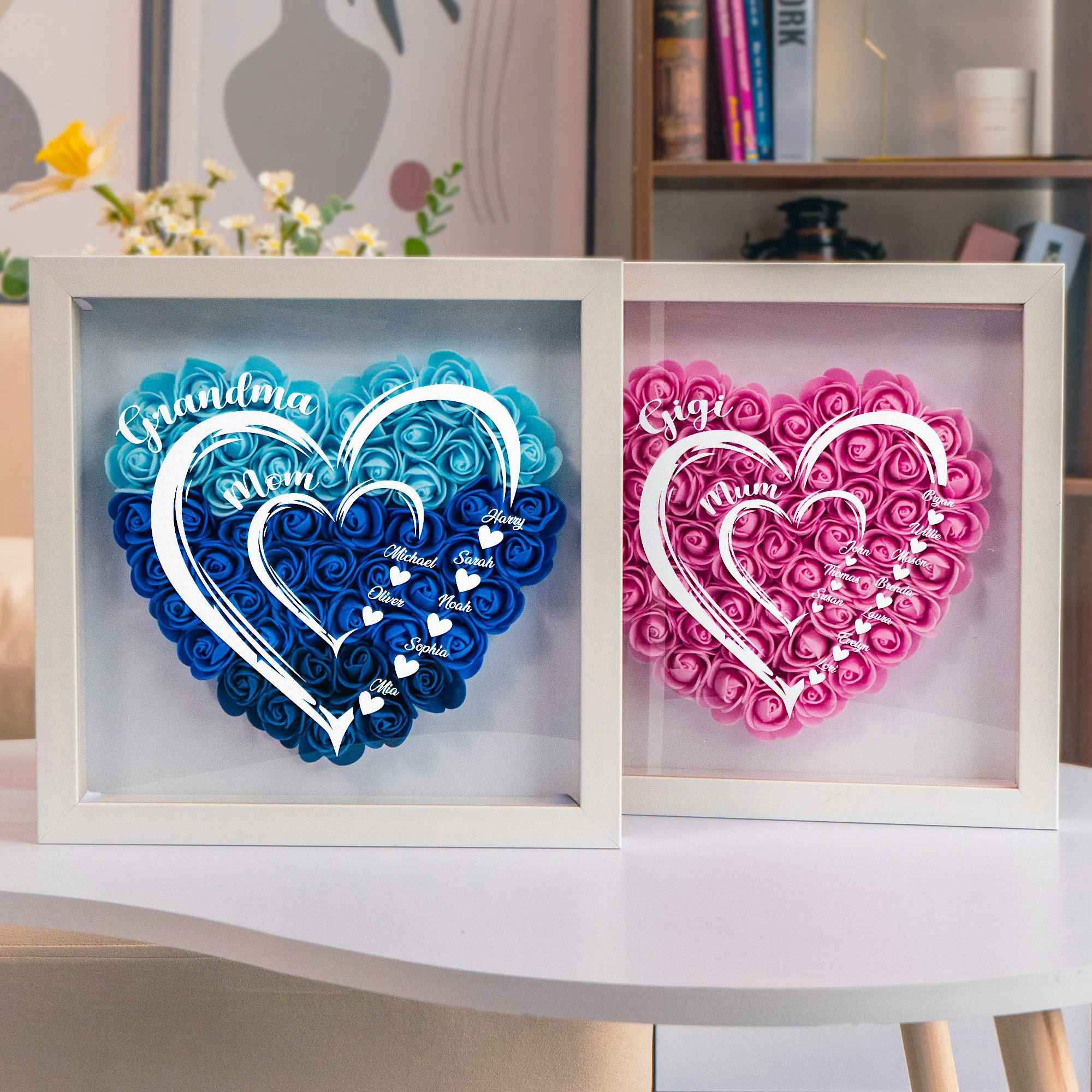 Custom Flower Heart Shadow Box with Names - Mother's Day Gifts For Grandma, Mom (Customized free)