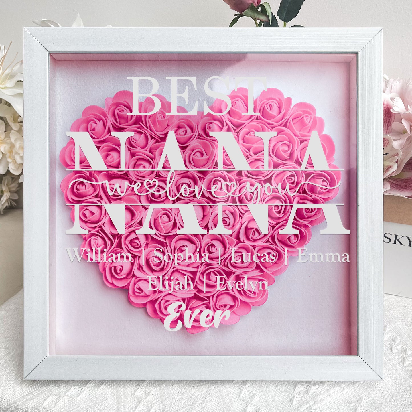 "Best Mom Ever" Heart Shaped Flower Shadow Box | Customized Gift for MUM, Nana Grandma (Customized free)