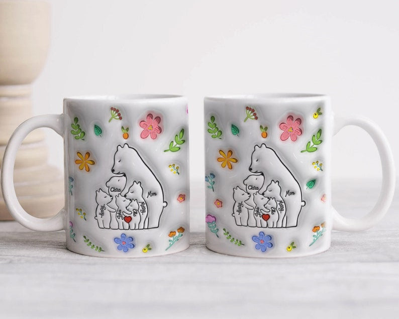 Custom Mama Bear Mug, 3D Inflated Effect Mug for Mom, Mother's Day Floral Mug