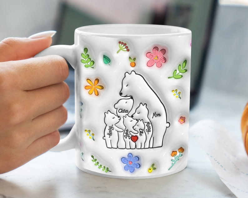 Custom Mama Bear Mug, 3D Inflated Effect Mug for Mom, Mother's Day Floral Mug