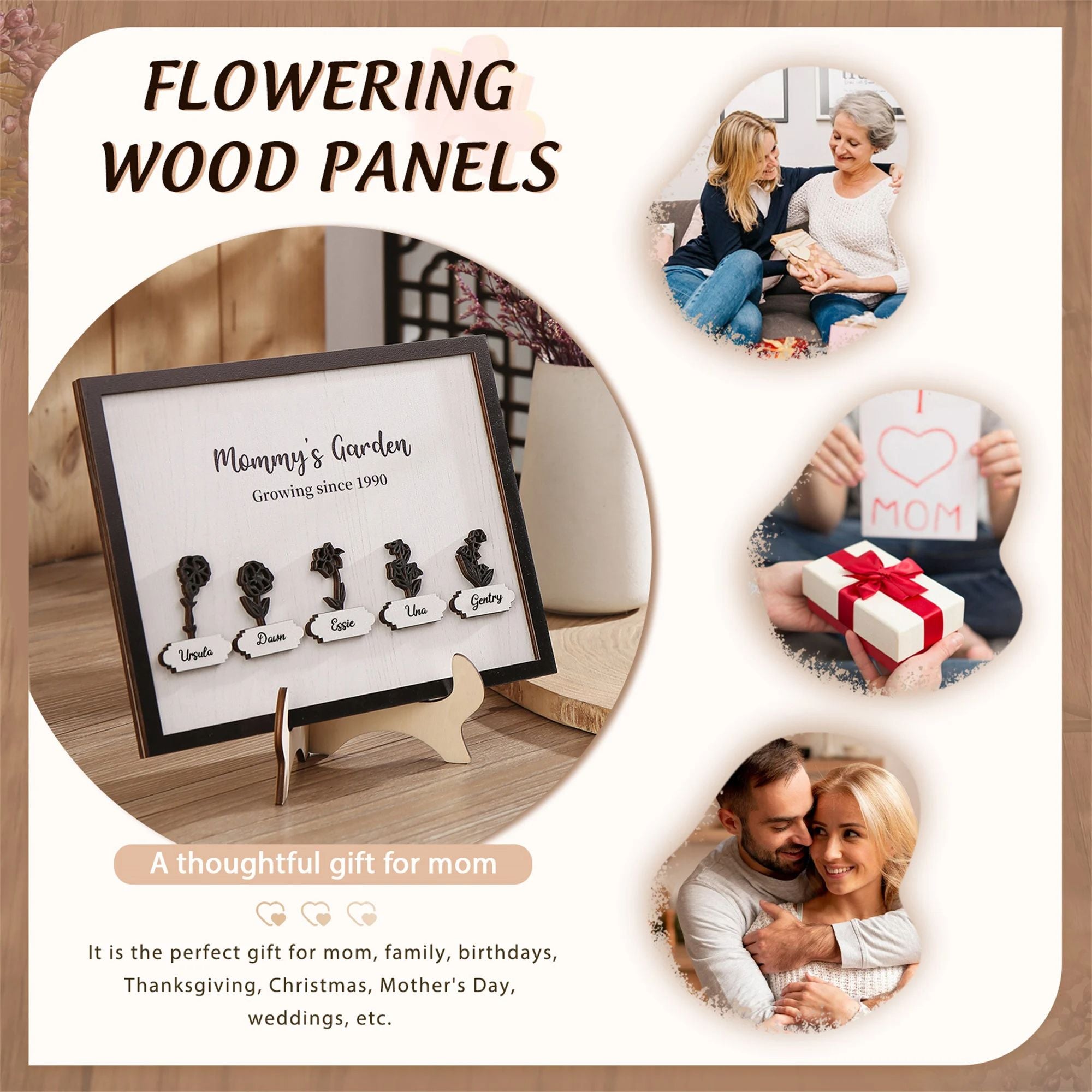 Personalized Mommy's Garden Birth Month Flower Frame Wood Sign, Present for Mom With Kids Names (Customized free)