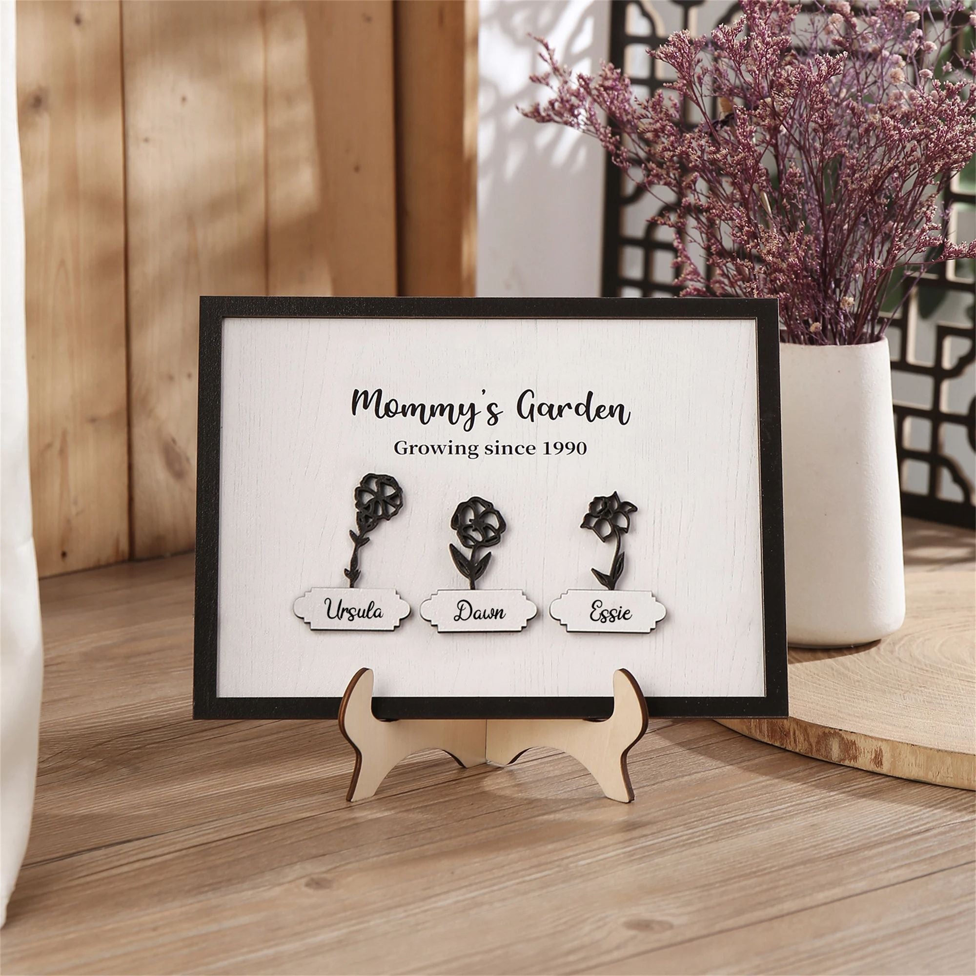 Personalized Mommy's Garden Birth Month Flower Frame Wood Sign, Present for Mom With Kids Names (Customized free)