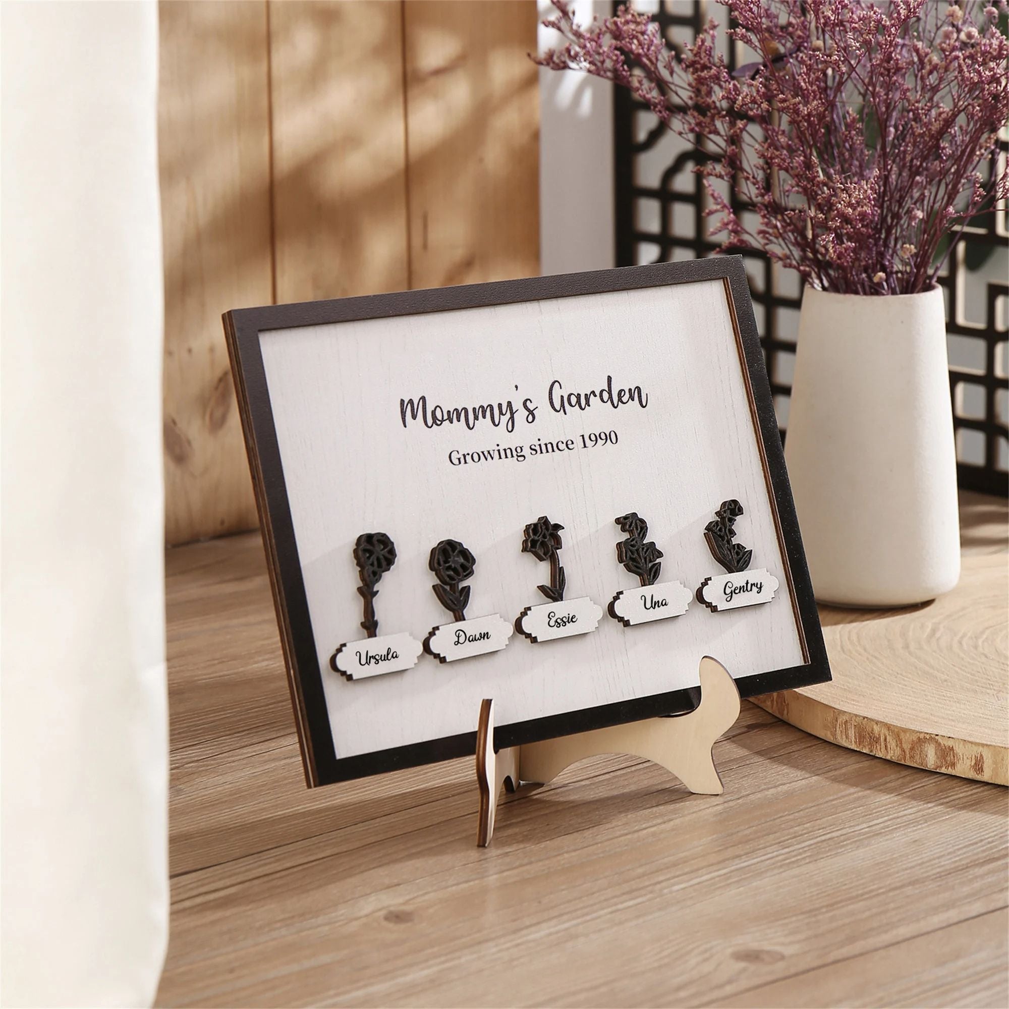 Personalized Mommy's Garden Birth Month Flower Frame Wood Sign, Present for Mom With Kids Names (Customized free)