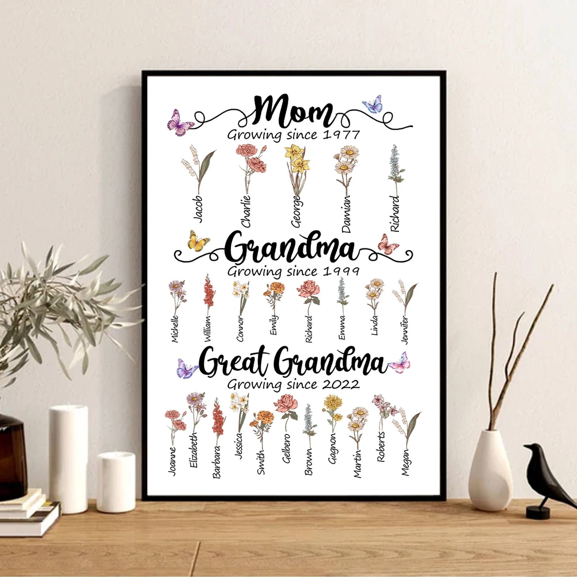 Mom Grandma And Great Grandma Custom Birth Month Flowers Poster,Gift For Mom Grandma