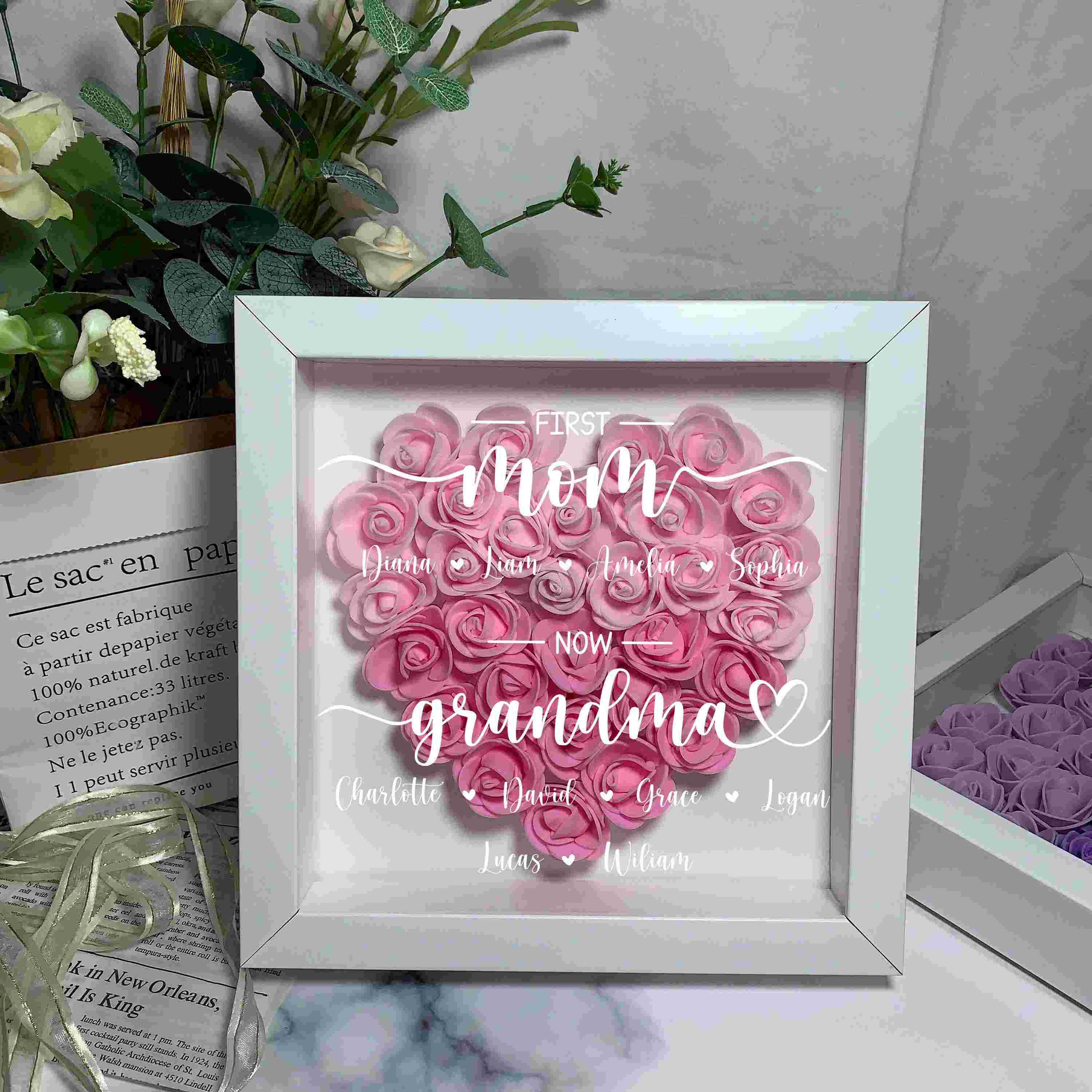 First Mom Now Grandma, Personalized Mom Heart Flower Shadow Box, Mother's Day Gift for Grandma Mom