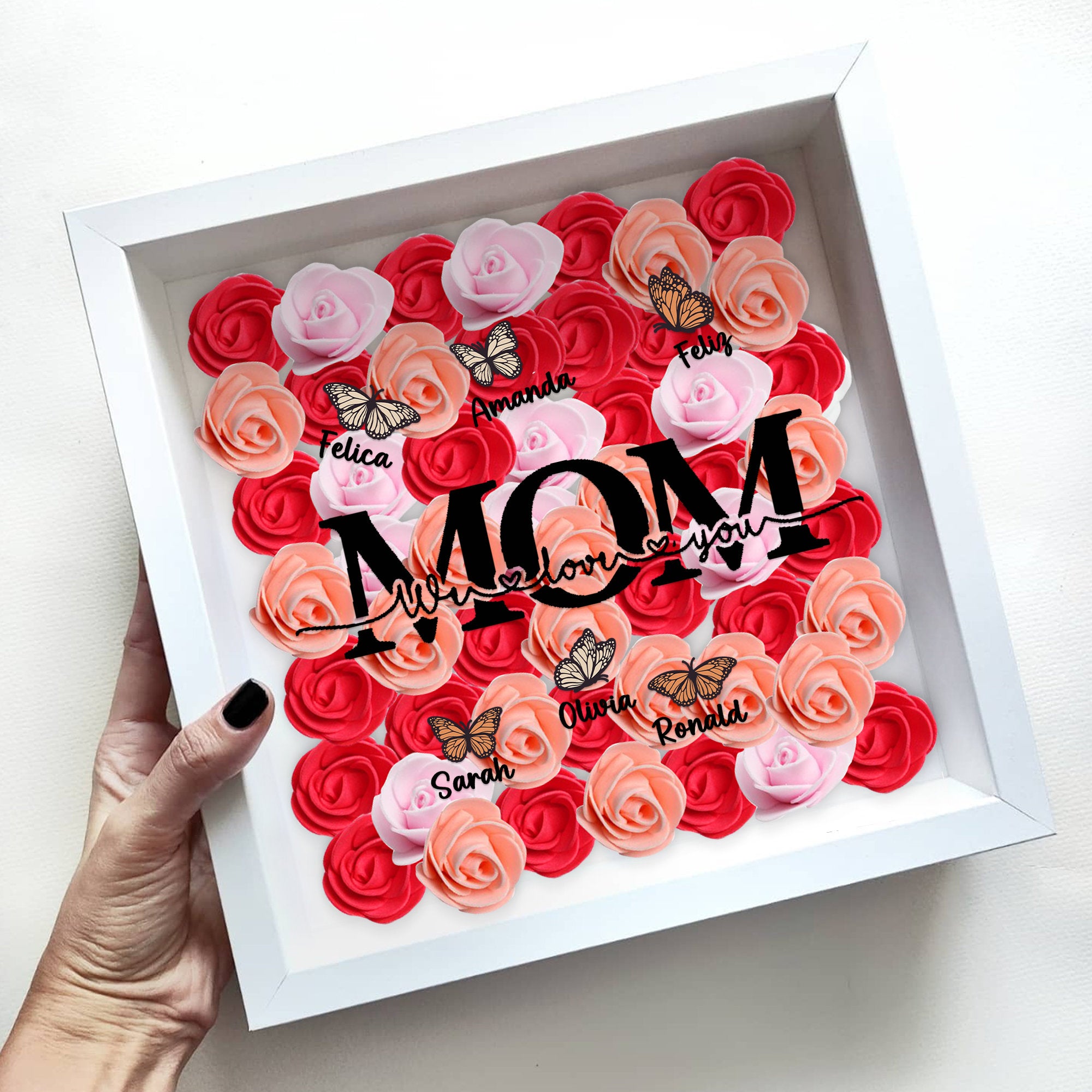 Custom Mom We Love You Rose Shadow Box With Butterfly Kids Names, Gifts For Mother's Day (Customized free)