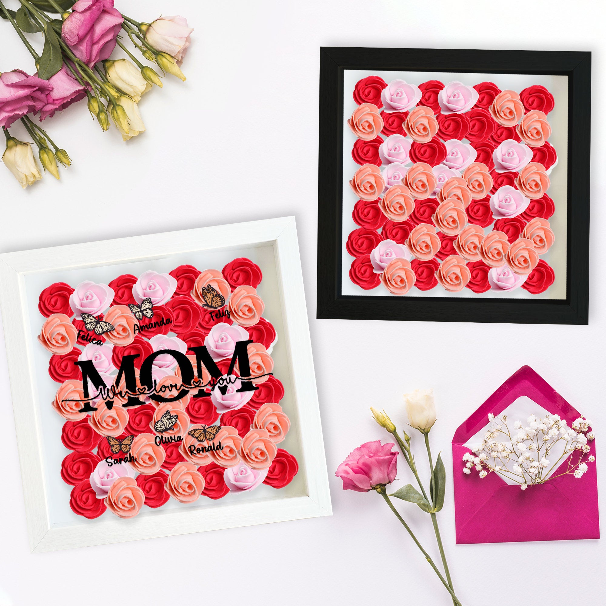 Custom Mom We Love You Rose Shadow Box With Butterfly Kids Names, Gifts For Mother's Day (Customized free)