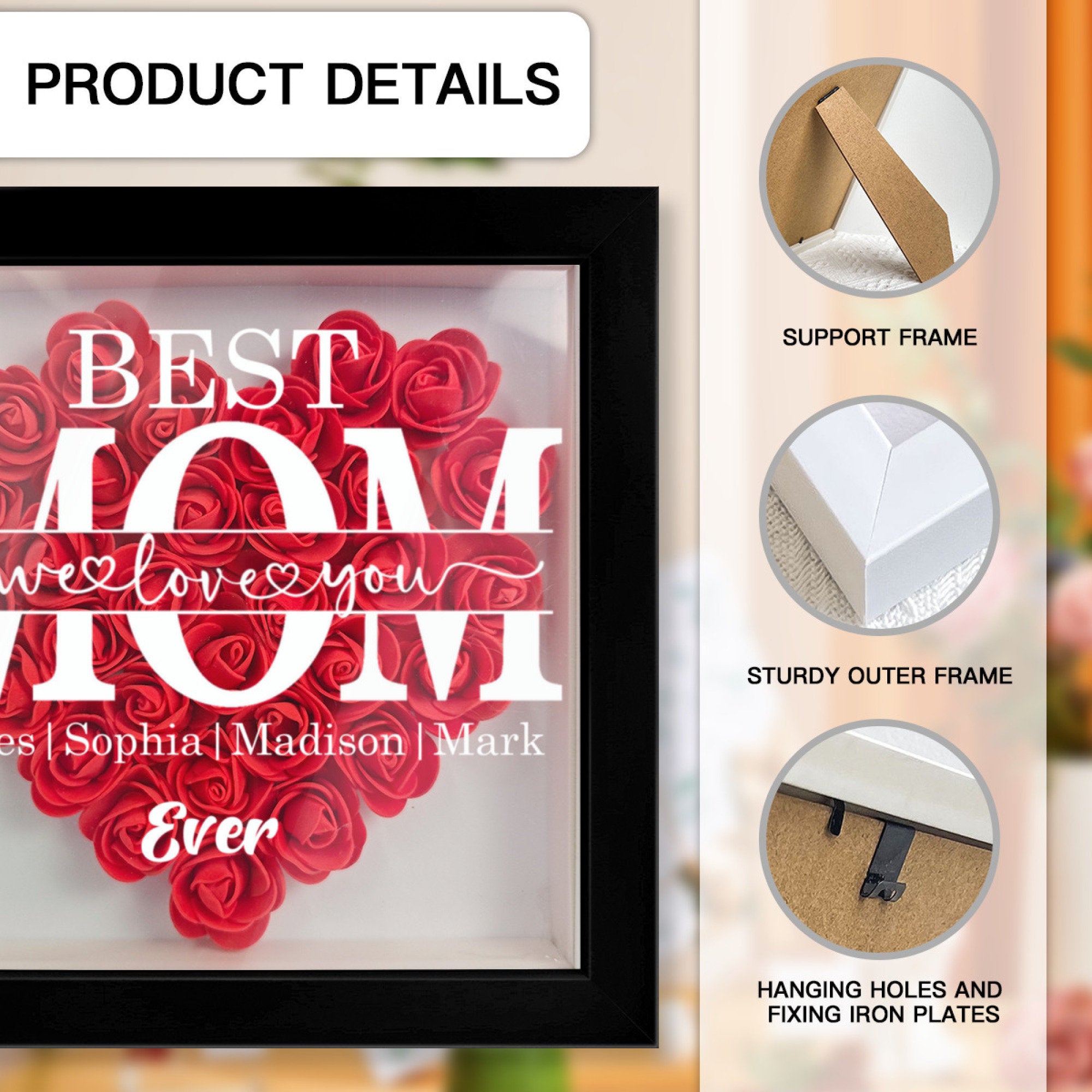 "Best Mom Ever" Heart Shaped Flower Shadow Box | Customized Gift for MUM, Nana Grandma (Customized free)