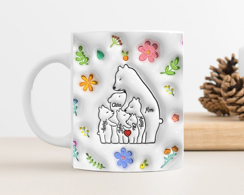 Custom Mama Bear Mug, 3D Inflated Effect Mug for Mom, Mother's Day Floral Mug