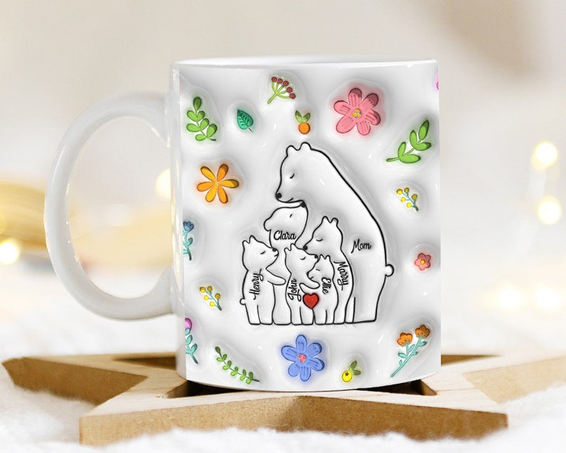 Custom Mama Bear Mug, 3D Inflated Effect Mug for Mom, Mother's Day Floral Mug