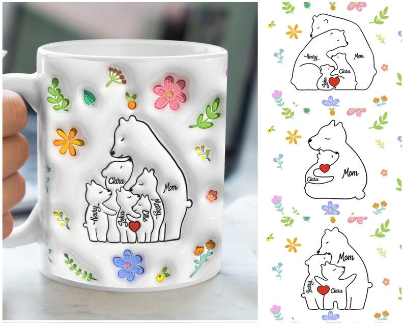 Custom Mama Bear Mug, 3D Inflated Effect Mug for Mom, Mother's Day Floral Mug