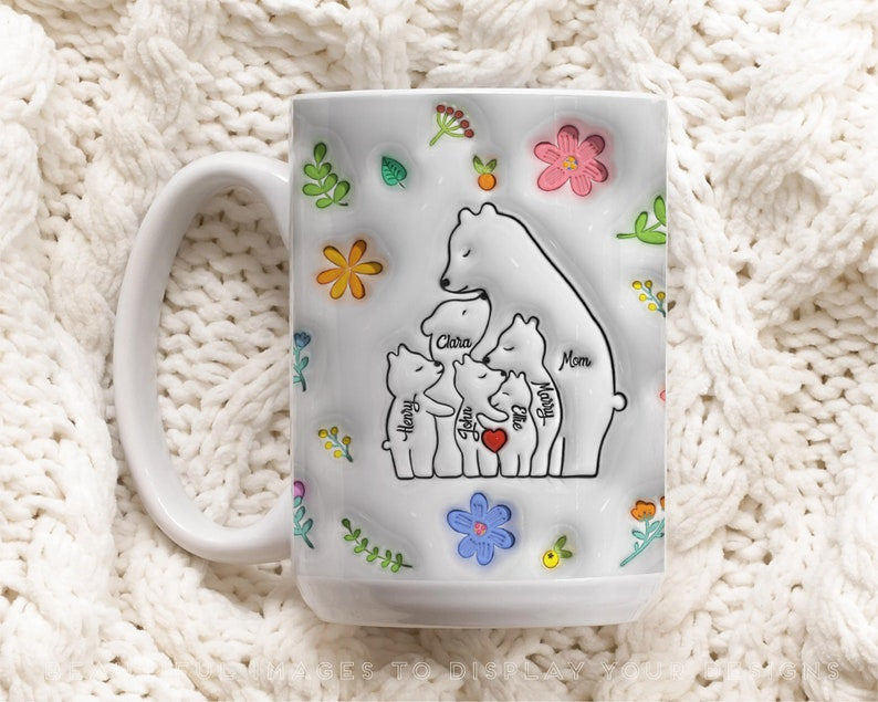 Custom Mama Bear Mug, 3D Inflated Effect Mug for Mom, Mother's Day Floral Mug