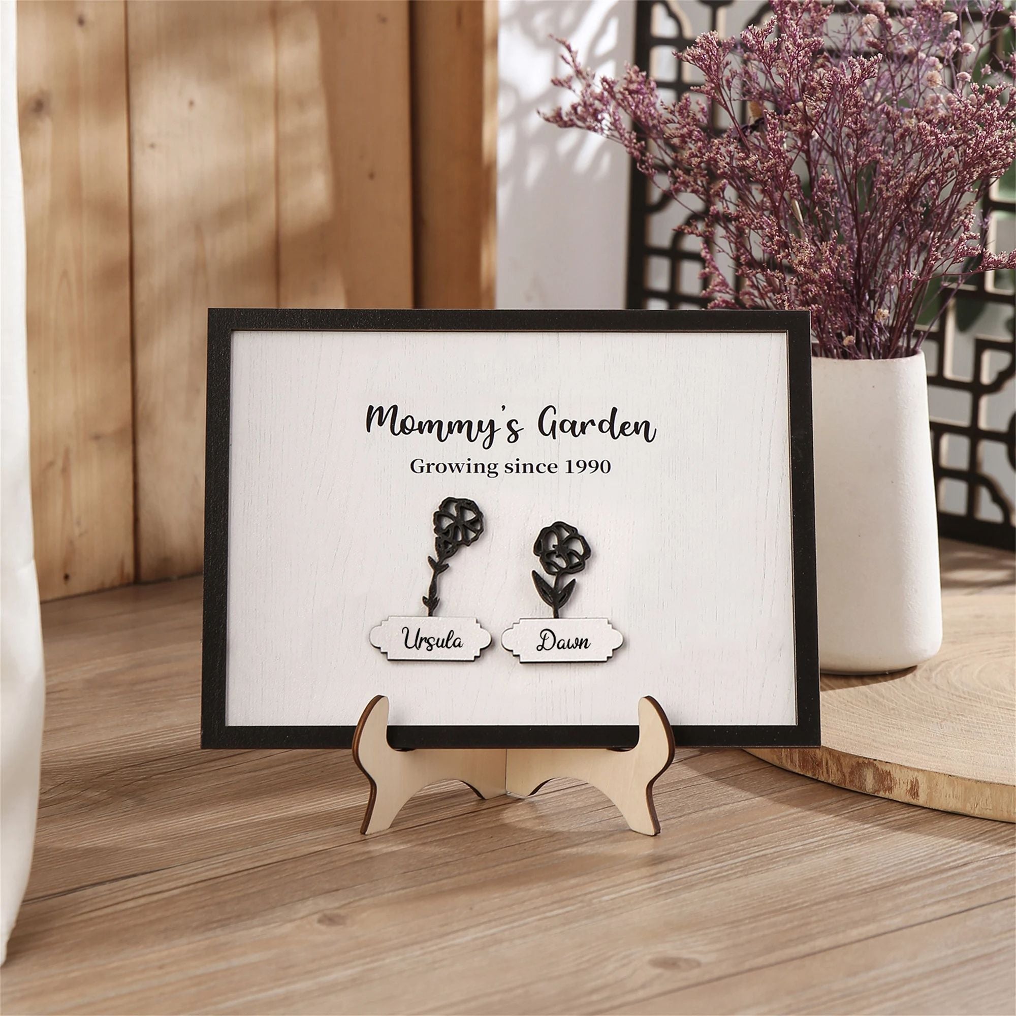 Personalized Mommy's Garden Birth Month Flower Frame Wood Sign, Present for Mom With Kids Names (Customized free)