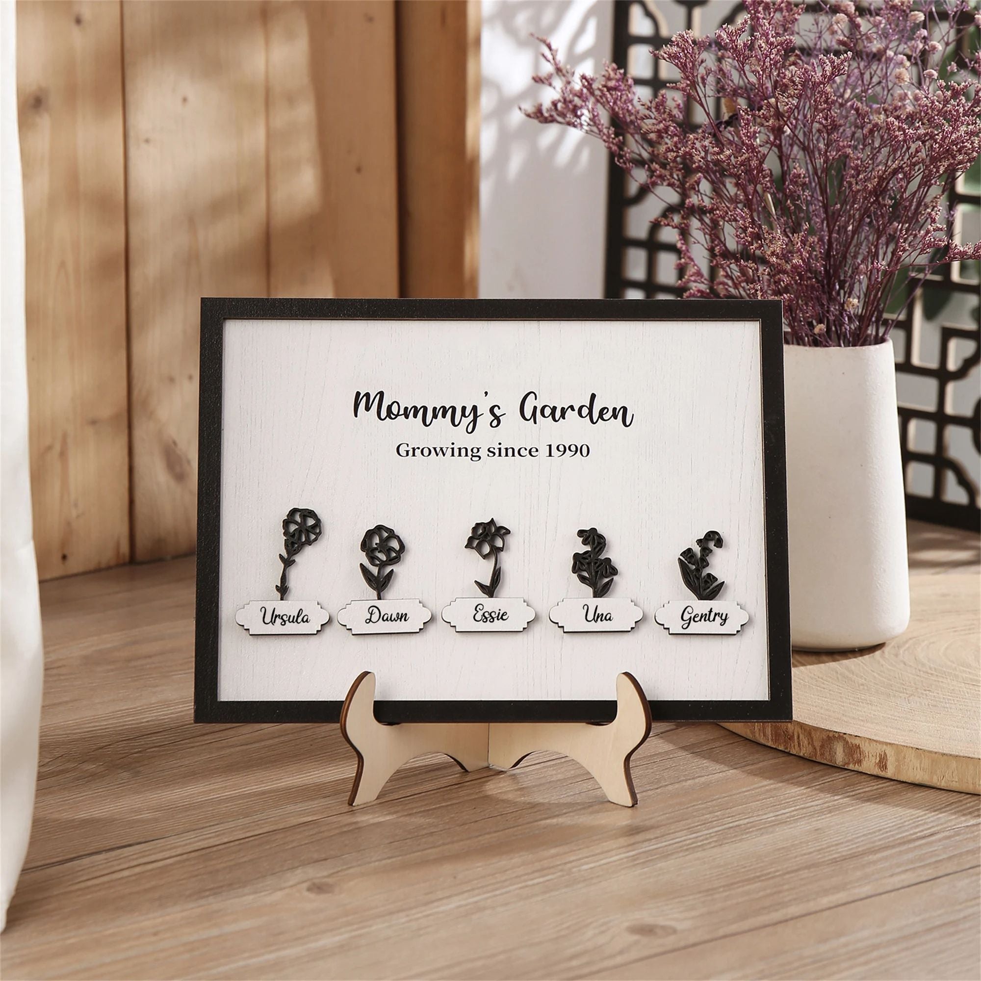 Personalized Mommy's Garden Birth Month Flower Frame Wood Sign, Present for Mom With Kids Names (Customized free)