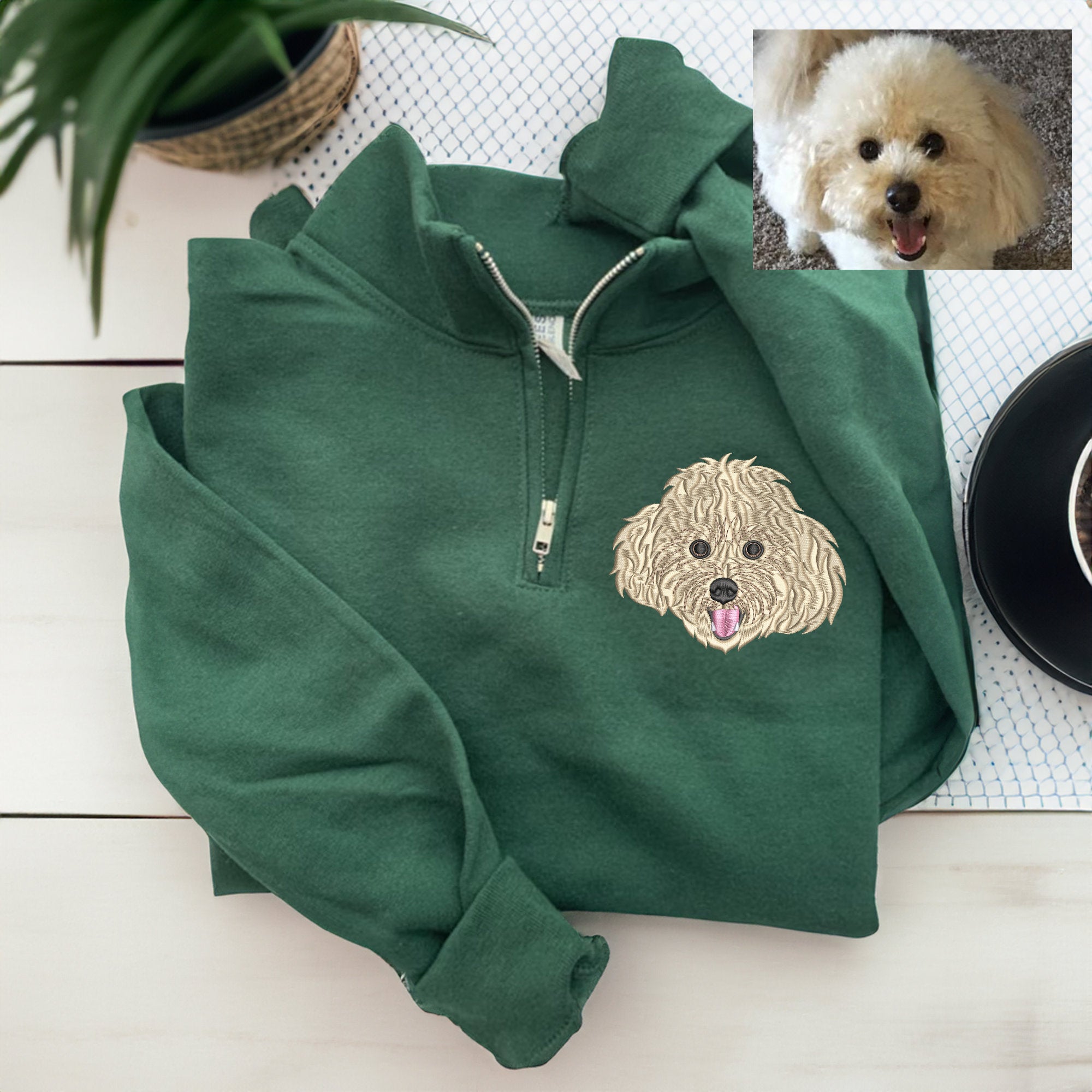 Custom Full Color/Outline EMBROIDERED Pet Quarter Zip Sweatshirt, Dog Potrait Zip Up Sweatshirt