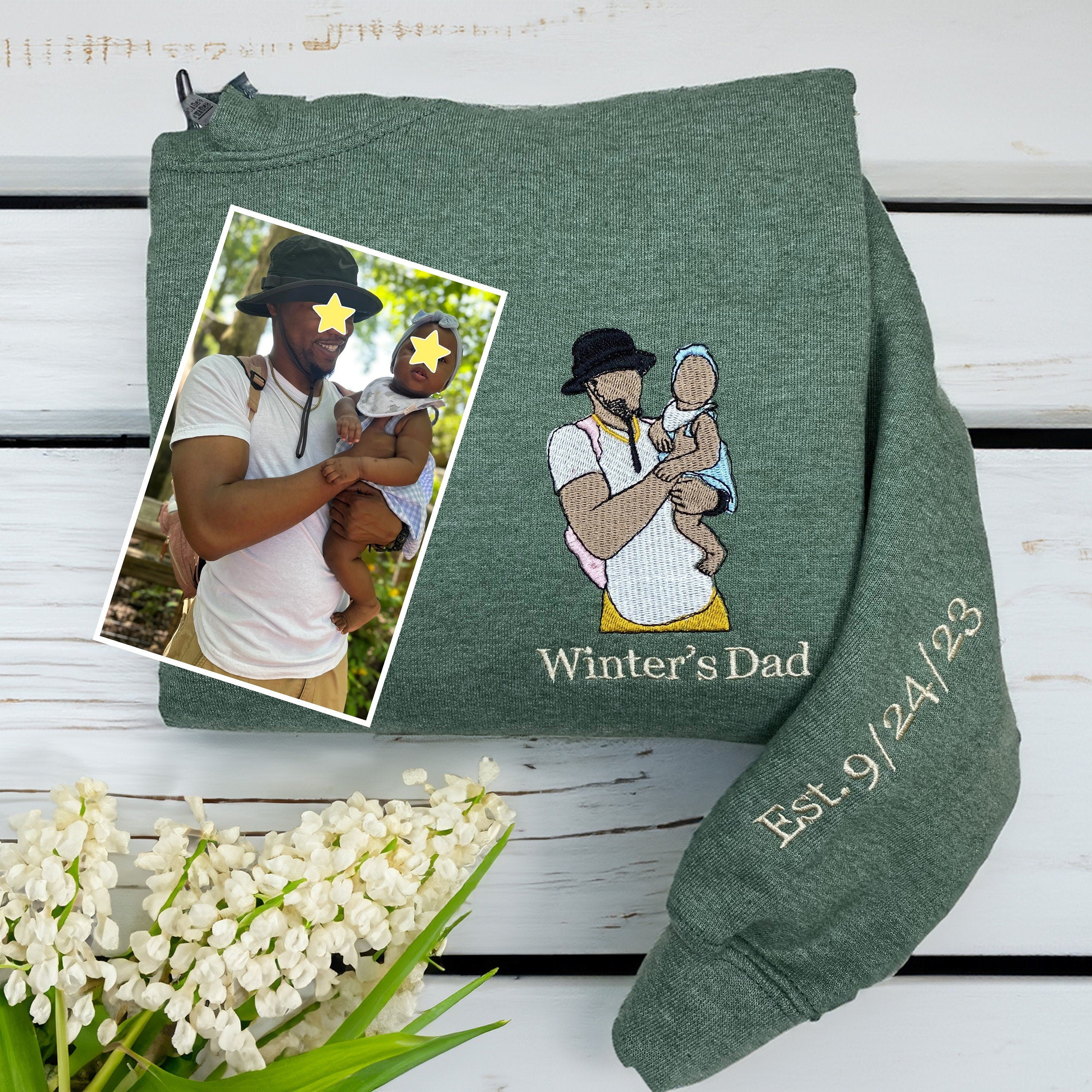 Custom Full Color Embroidered Sweatshirt Portrait Couple/Dad/Mom - Family Gift