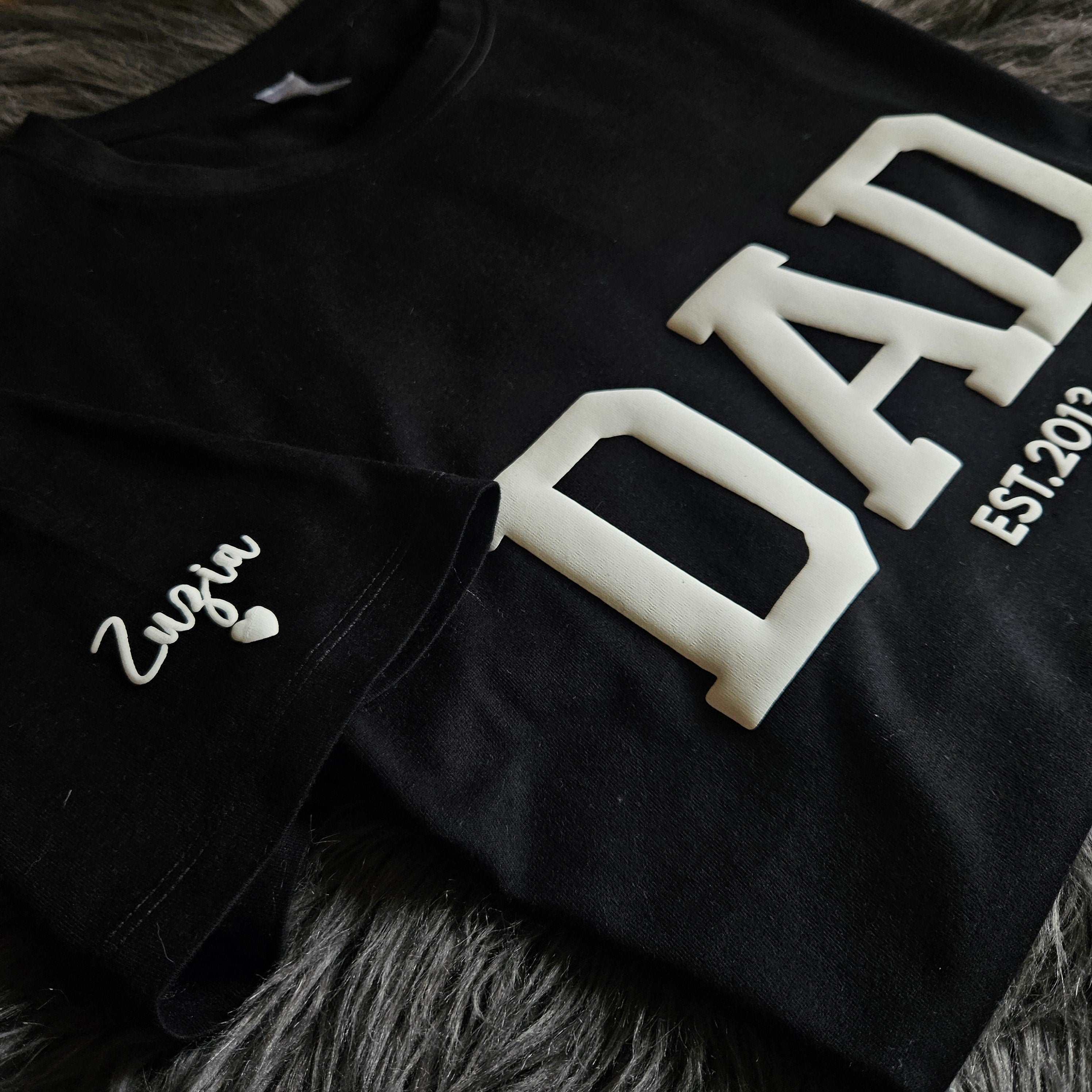 Personalized Dad Sweatshirt with Kid Names on Sleeve, Embossed Dad Hoodie